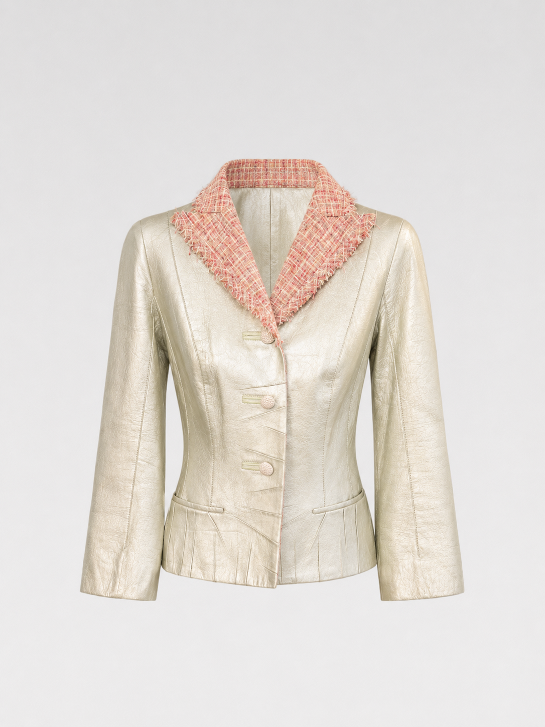 Louis Vuitton Silver Lambskin Leather Blazer with Frayed Tweed Collar