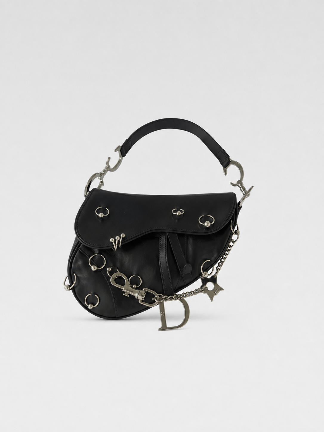 CHRISTIAN DIOR BY JOHN GALLIANO Rare Black Leather Saddle Bag with Star Chain & Punk Hardware — 2004