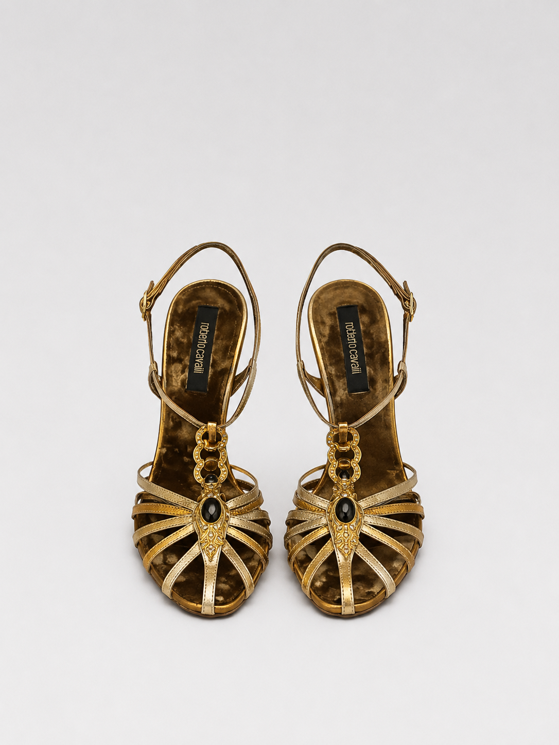 Roberto Cavalli Gold Jewel Embellished Strappy Heels Runway Vintage Rare Italian Leather Sandals