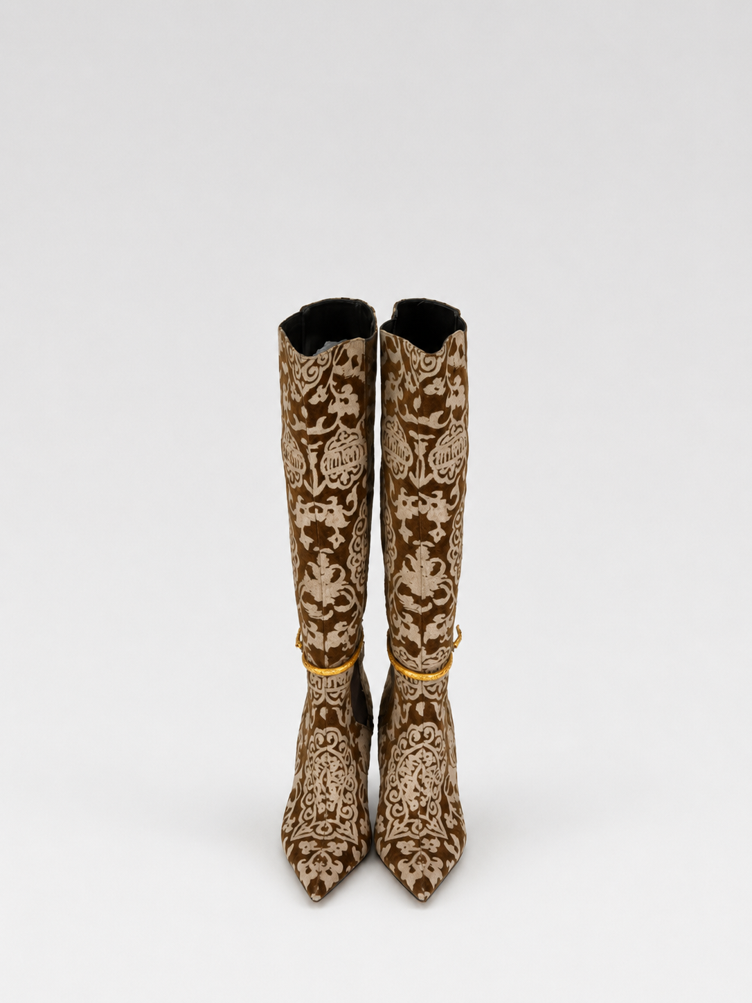 Roberto Cavalli Brown Flocked Baroque Knee-High Boots – Python Detail Pointed Heel