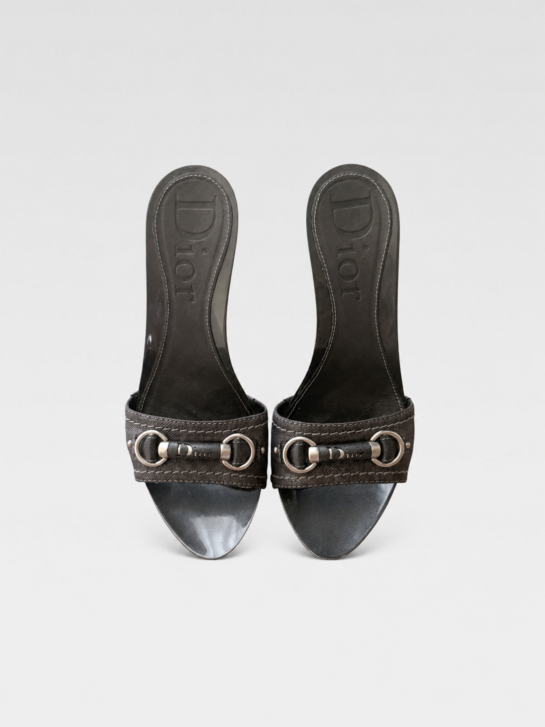 Christian Dior by John Galliano 2000s Logo Horsebit Mule Heels – Grey Patent Platform Sandals