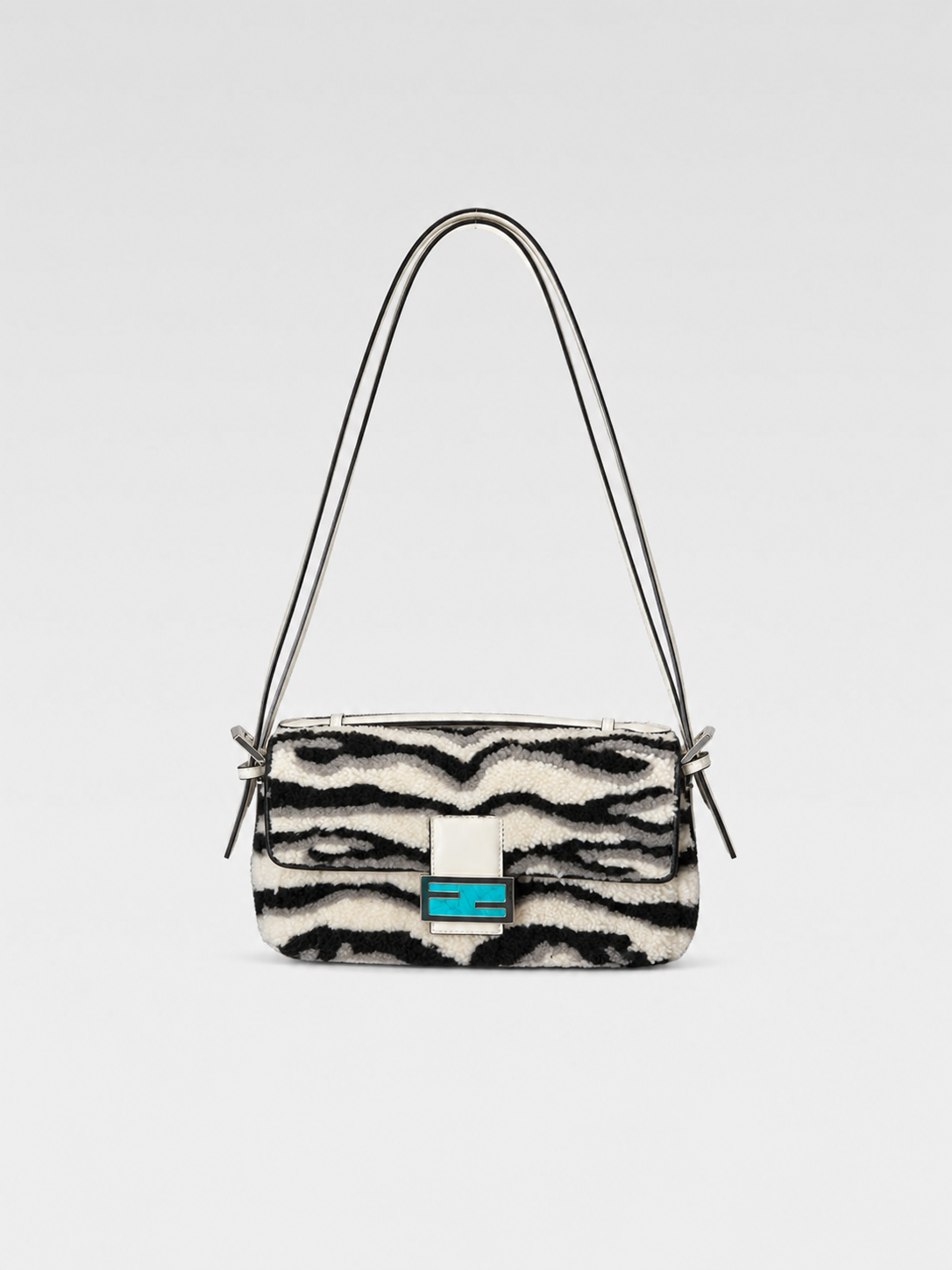 Fendi Zebra Print Shearling Baguette Bag Black White Fur Shoulder Bag Marble Blue FF Logo 2021 Limited Edition