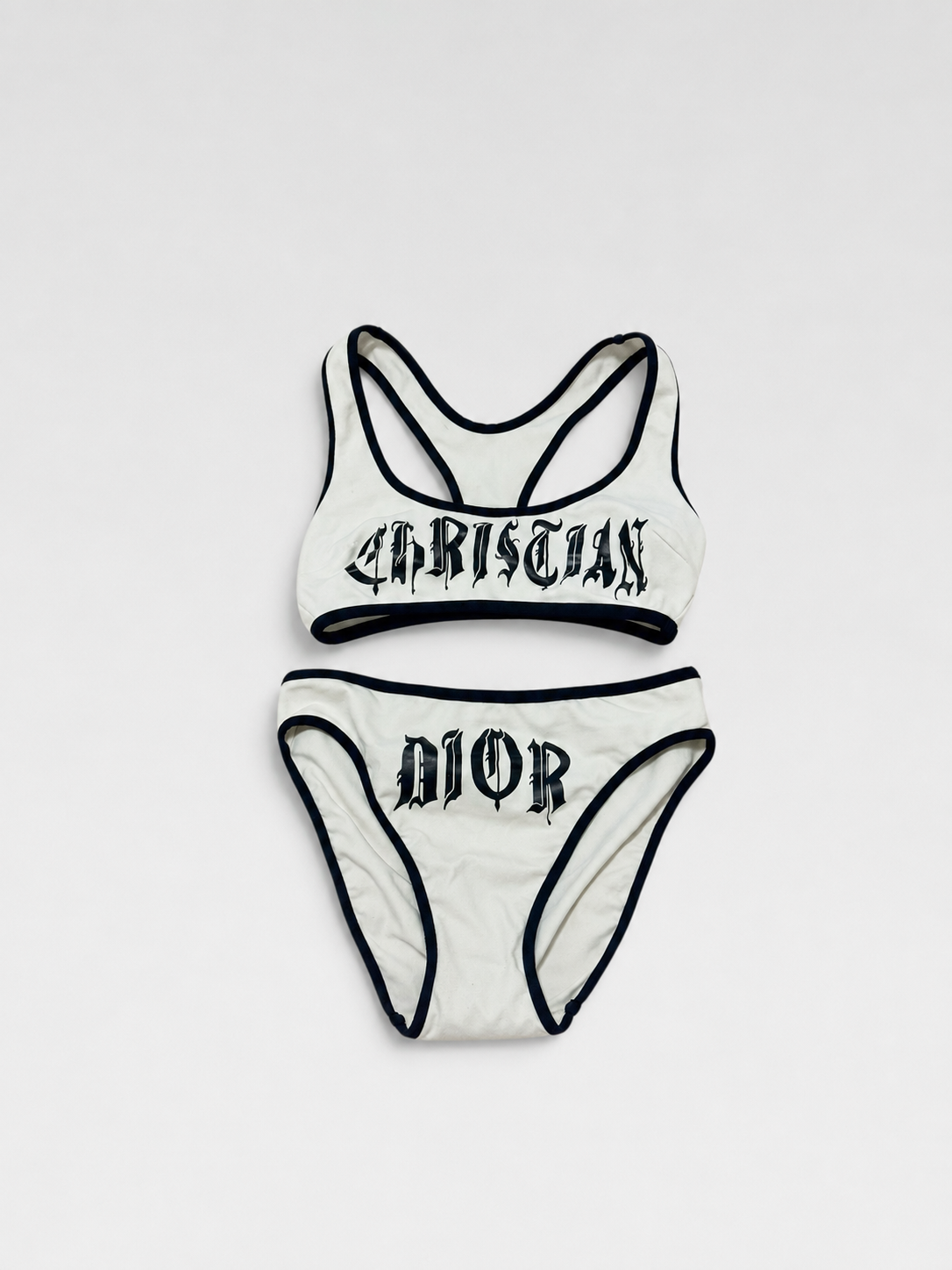 Christian Dior by John Galliano Gothic Logo Bodywear Set – Rare Archive White & Black Sports Bra & Brief Set