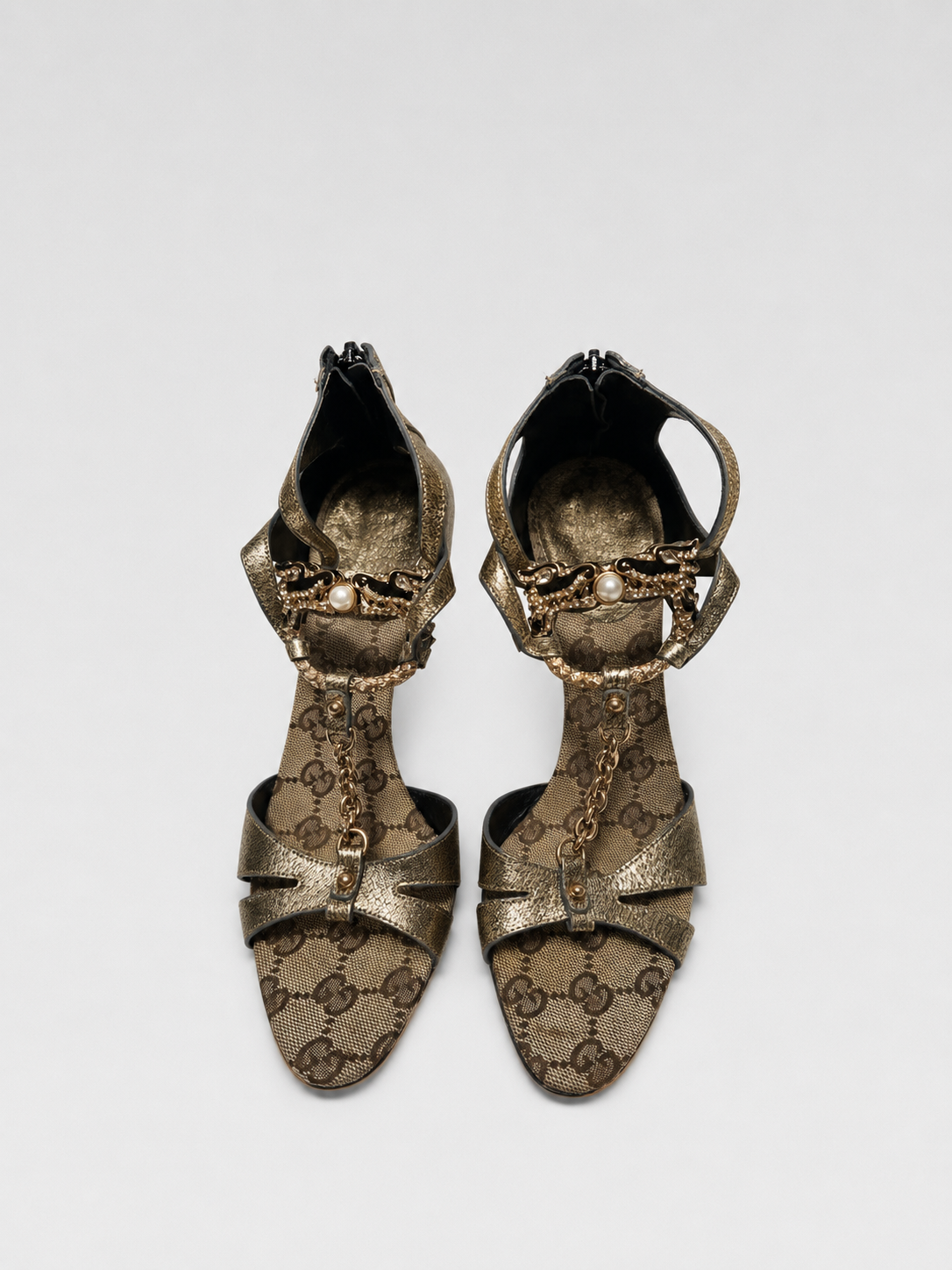Gucci Fall 2004 Runway Dragon Chain Embellished Metallic Heeled Sandals