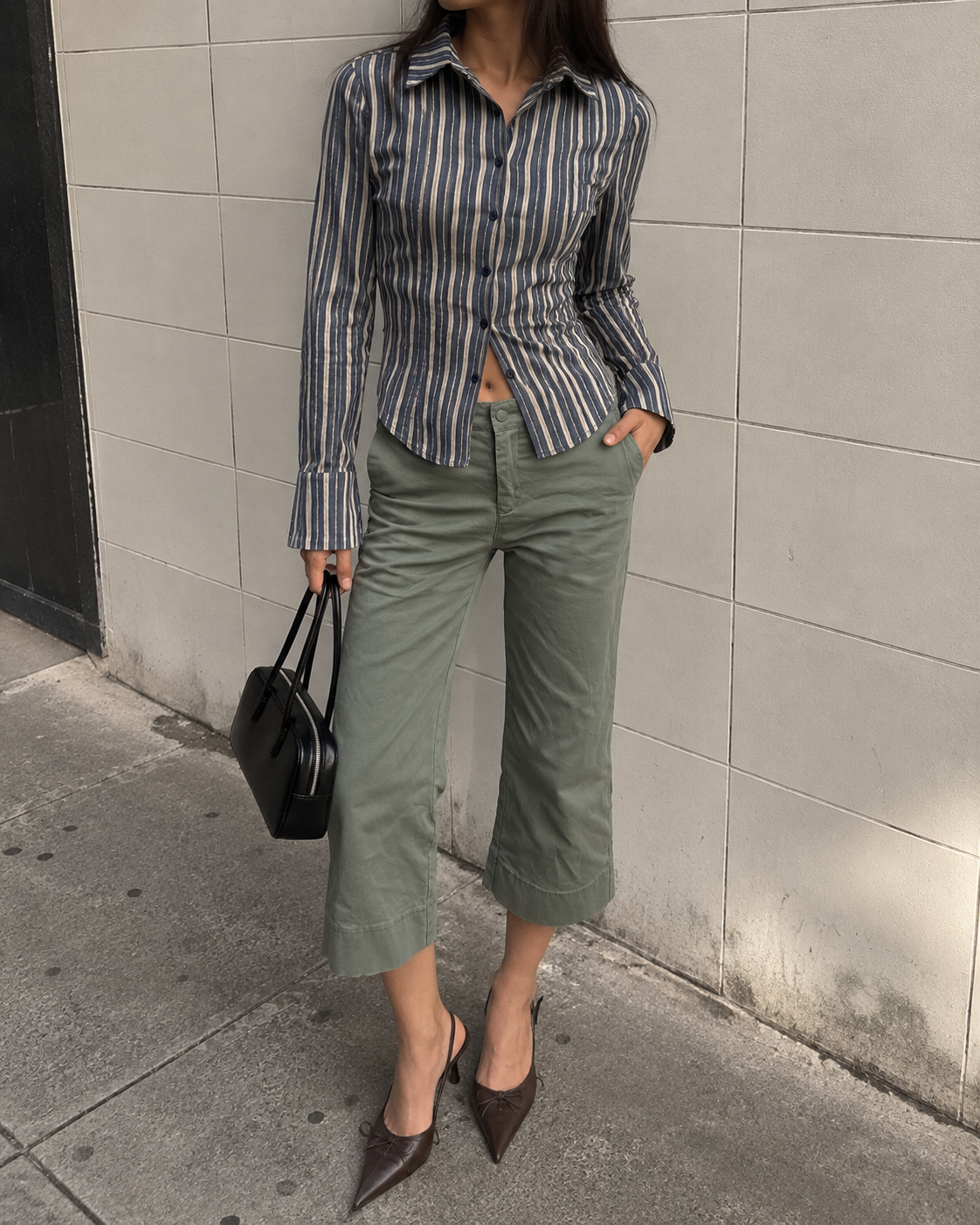 Vintage American-Style Striped Shirt & Cropped Pants Set