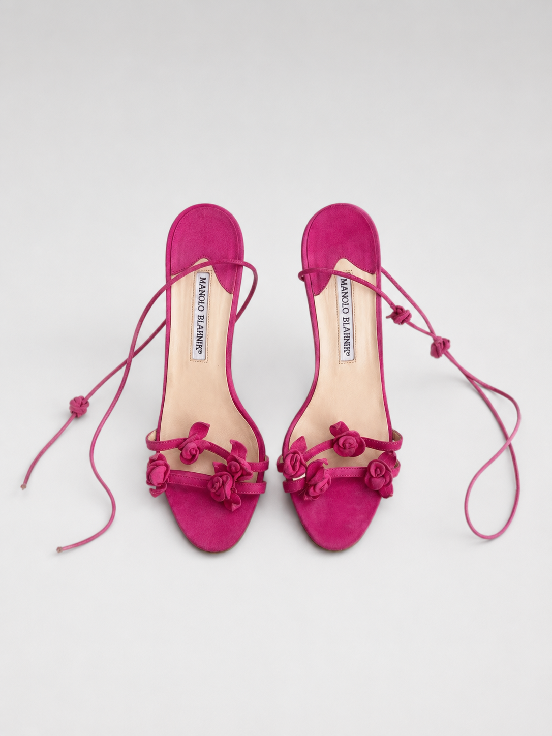 Manolo Blahnik Fuchsia Suede Floral Lace-Up Heeled Sandals – Pink Rosette Tie Heels