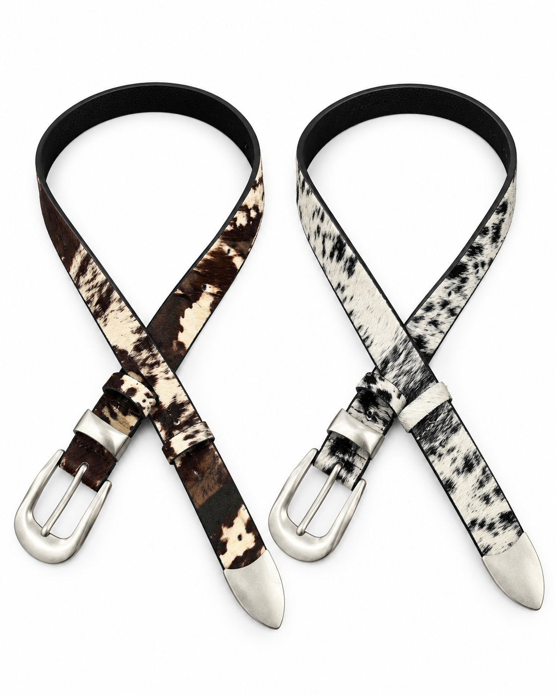 Vintage Brown & Black-and-White Cowhide Leather Belt Set — 2 Piece