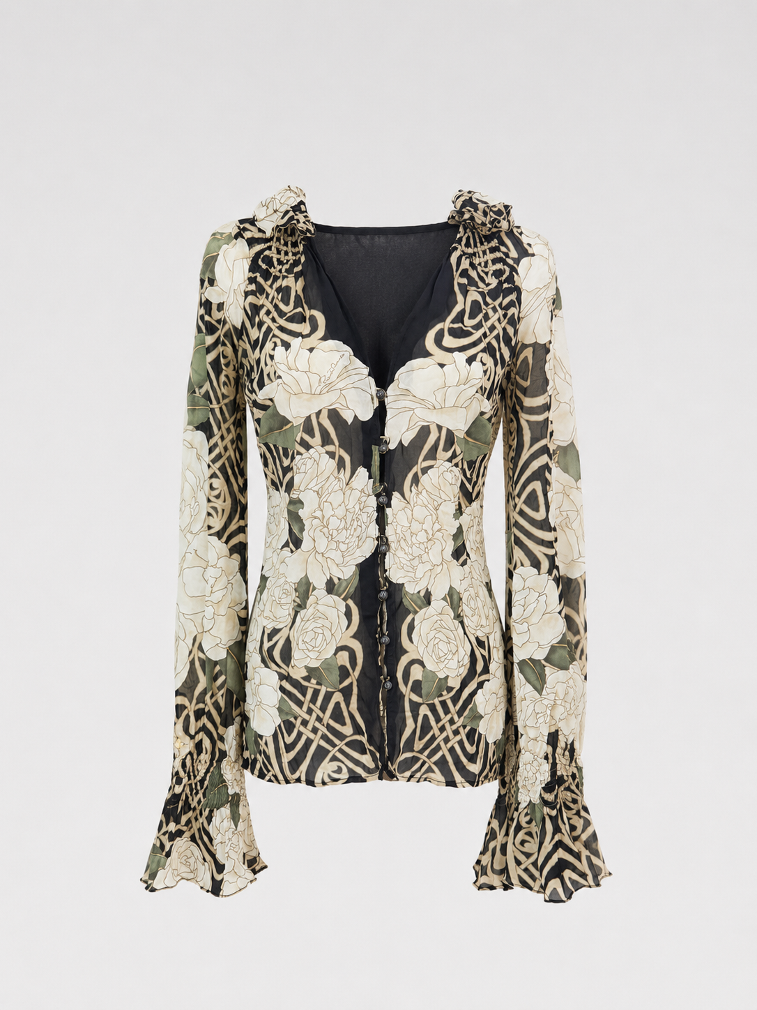 Roberto Cavalli Vintage Silk Floral Print Blouse Bell Sleeve Sheer Fitted Top Rare Archive Size 38 Made in Italy