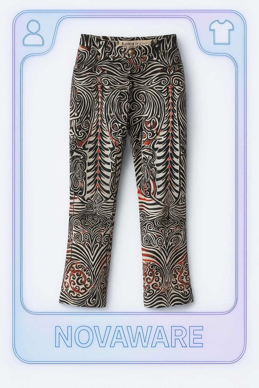 Jean Paul Gaultier Jeans Tribal Print Flared Trousers (Gothic Tattoo Swirl in Black–Red–Ivory)