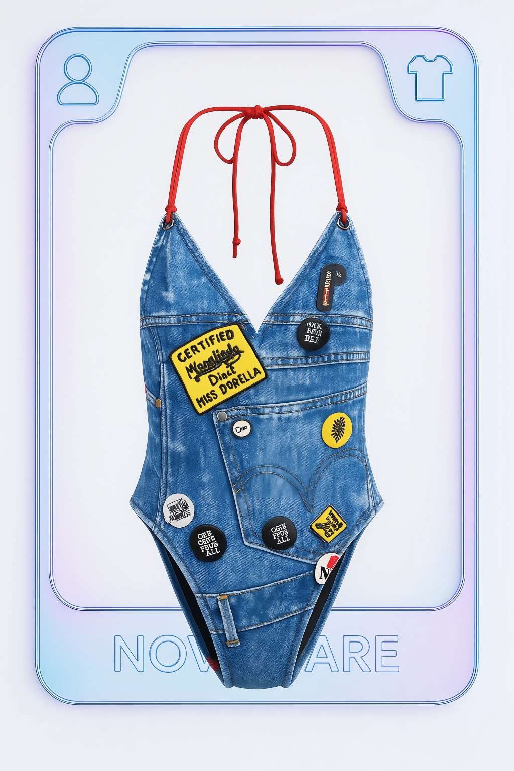 Christian Dior Patch Badge Print Monokini Swimsuit (Punk Americana in Trompe L'oeil Denim)