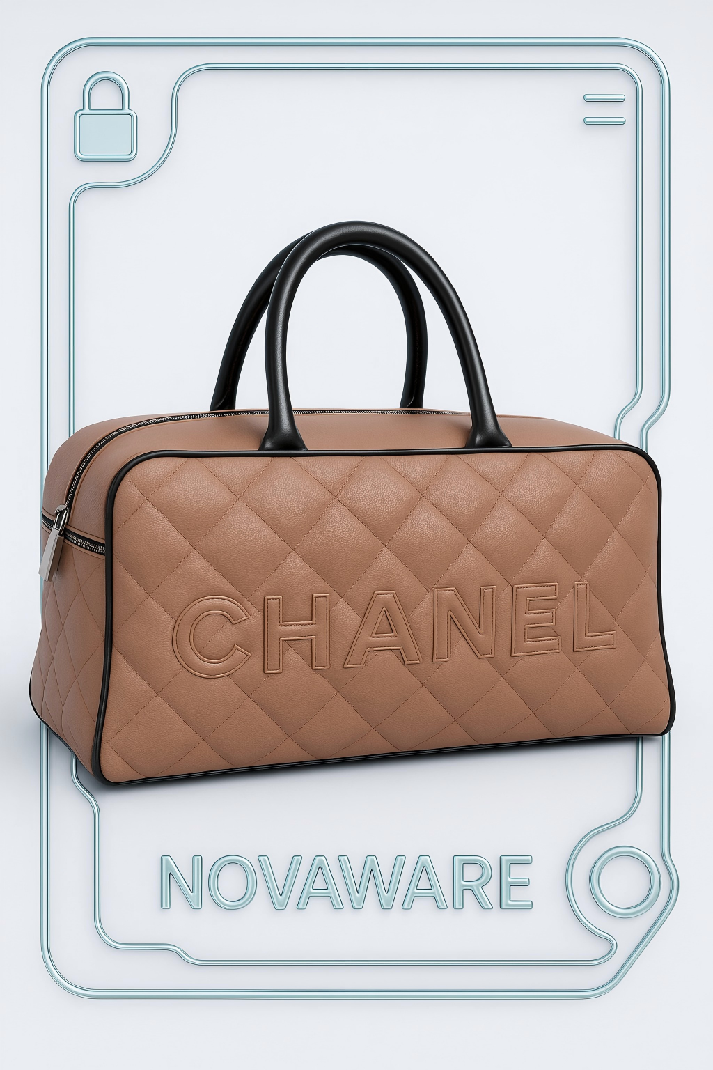 CHANEL Cambon Quilted Calfskin Boston Bag with Black Patent Handles & Oversized Logo
