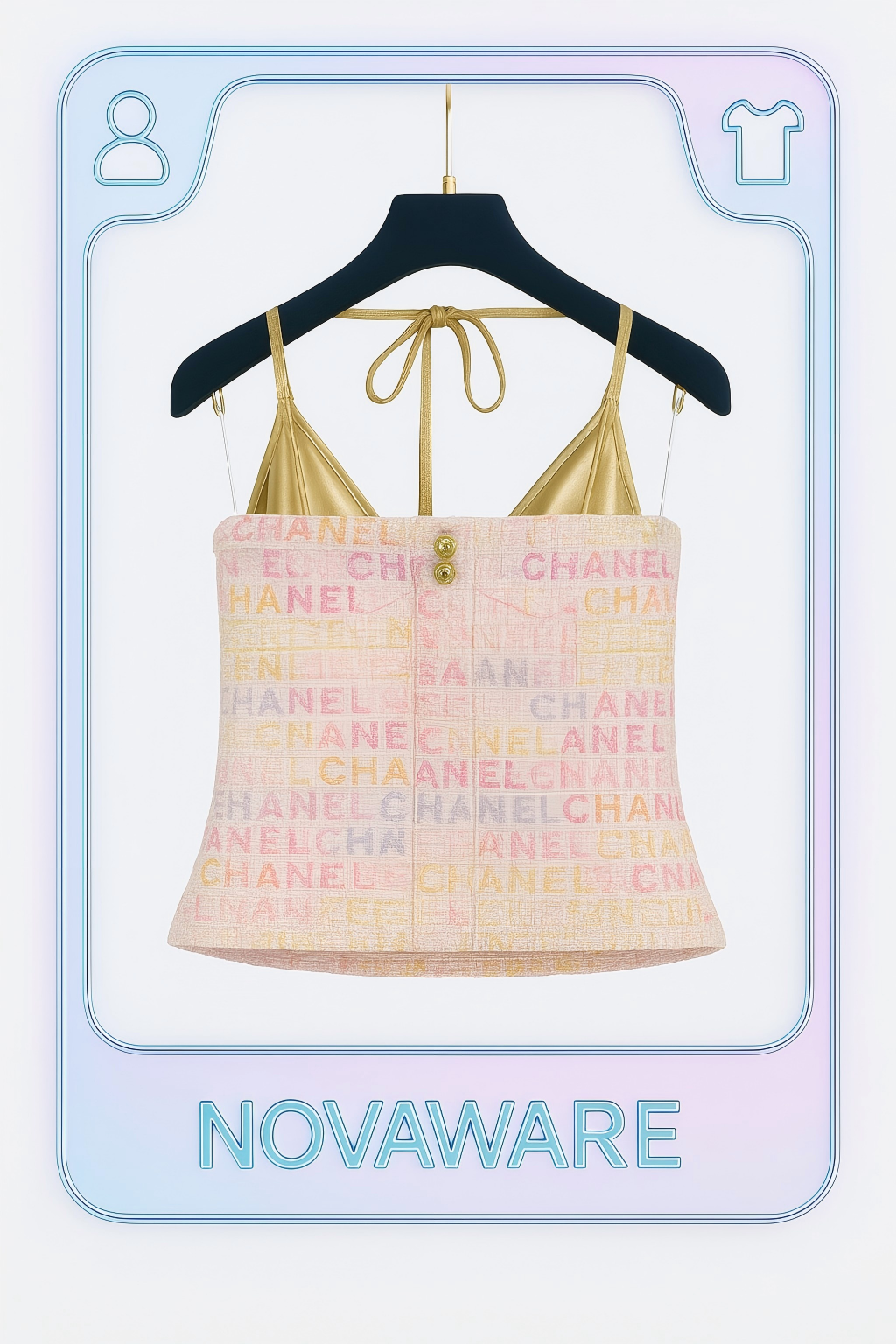 Chanel 24C Multicolor Logo Tweed Halter Top with Gold Metallic Tri-Cup Detail