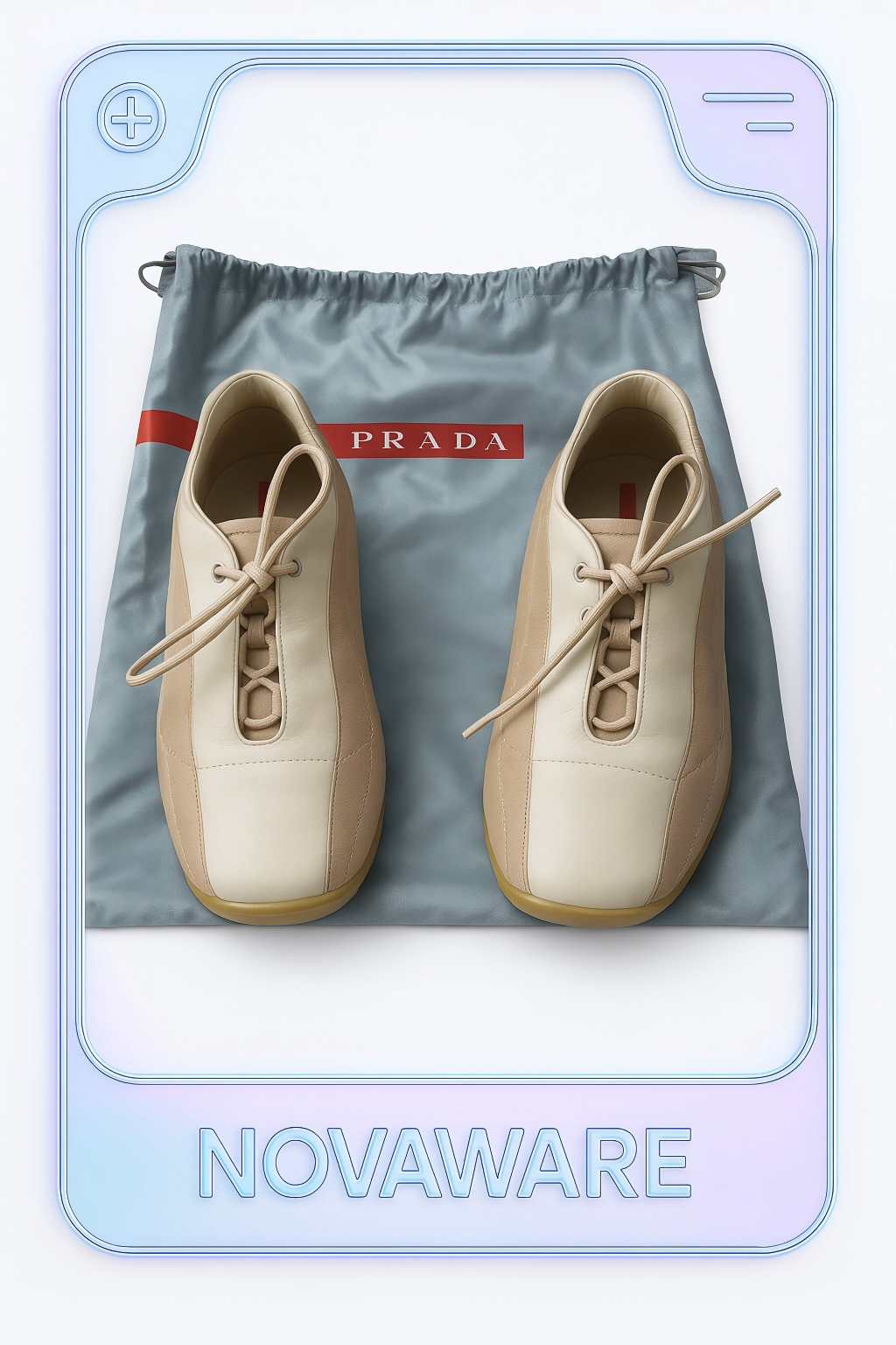 PRADA Beige & Cream Leather Lace-Up Low Sneakers with Red Tab Detail (Classic Sporty Silhouette)