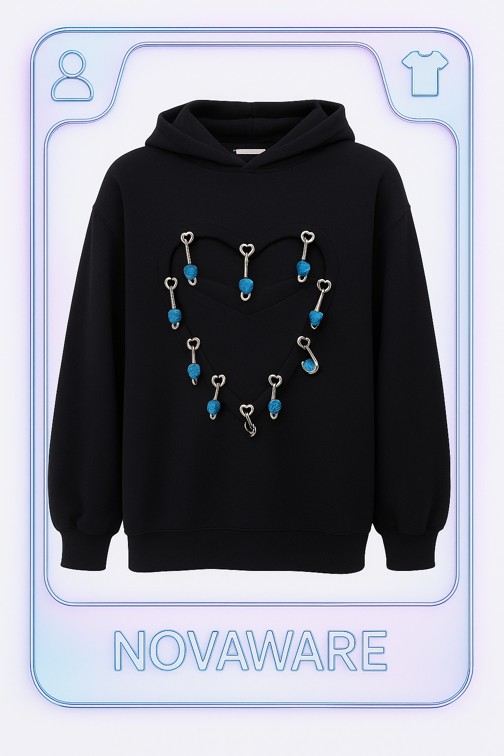 YUEQI QI Heart Cutout Hoodie with Blue Safety Pin Details