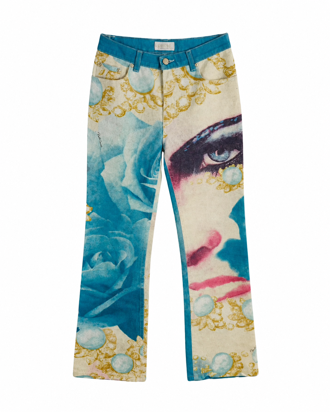 Vintage Roberto Cavalli 2001 Runway Portrait Print Trousers – Rare Archive Low-Rise Pants | XS