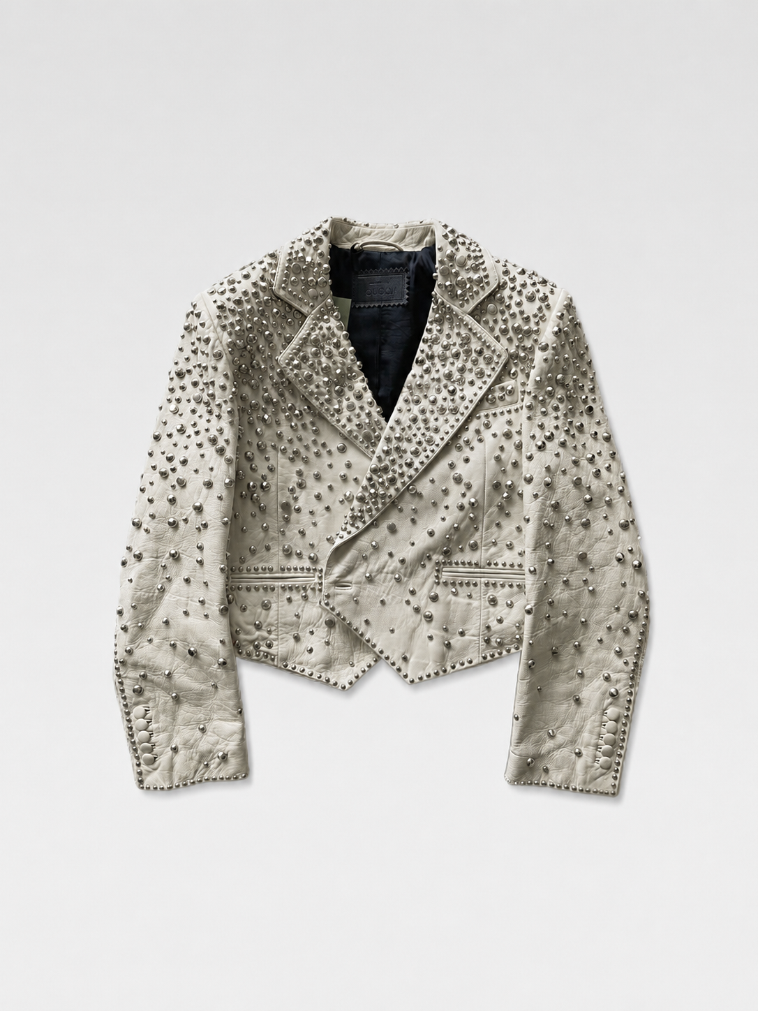Gucci 2022FW Runway Studded Leather Jacket White Crystal Stud Cropped Biker Jacket Rare Alessandro Michele Era
