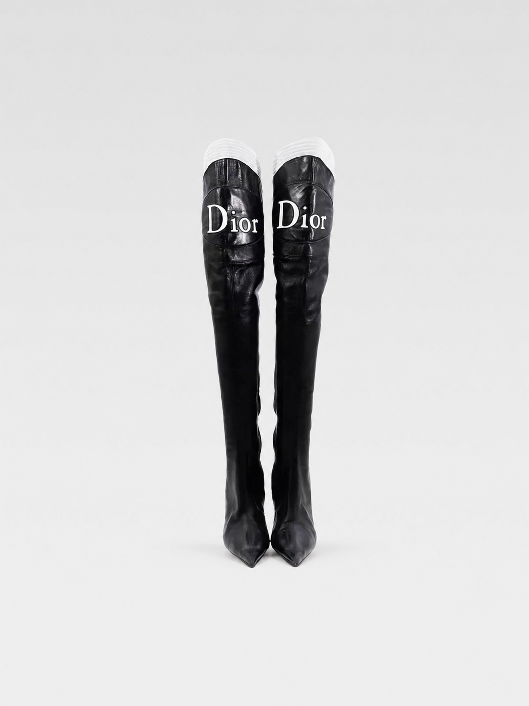 Christian Dior by John Galliano Black & White Over-the-Knee Leather Boots Dior Logo Thigh High Heels Rare Y2K Archive