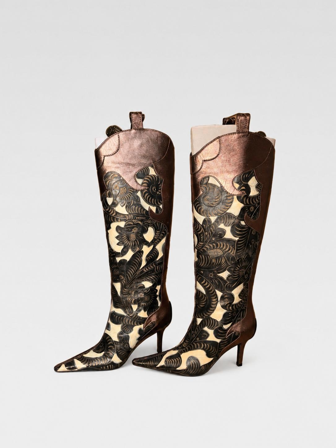 Givenchy Vintage Baroque Engraved Leather Knee-High Boots – Metallic Bronze Western Style Heeled Boots
