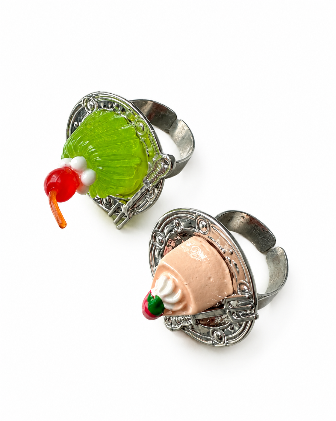 Creative Cake & Dragon Ring Set – 3-Piece Silver-Tone Statement Rings
