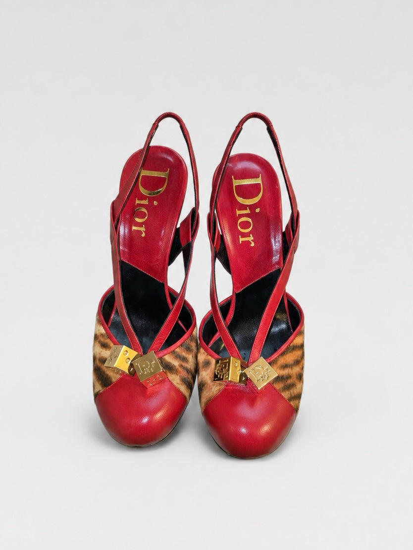Christian Dior by John Galliano Leopard Pony Hair Dice Detail Slingback Heels – Early 2000s Archive Piece