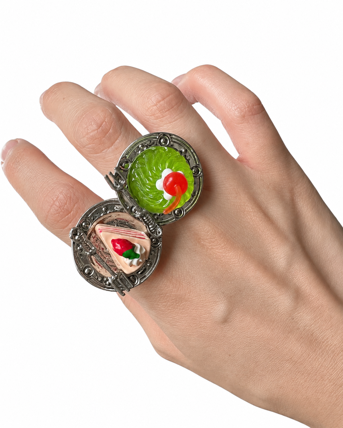 Creative Cake & Dragon Ring Set – 3-Piece Silver-Tone Statement Rings