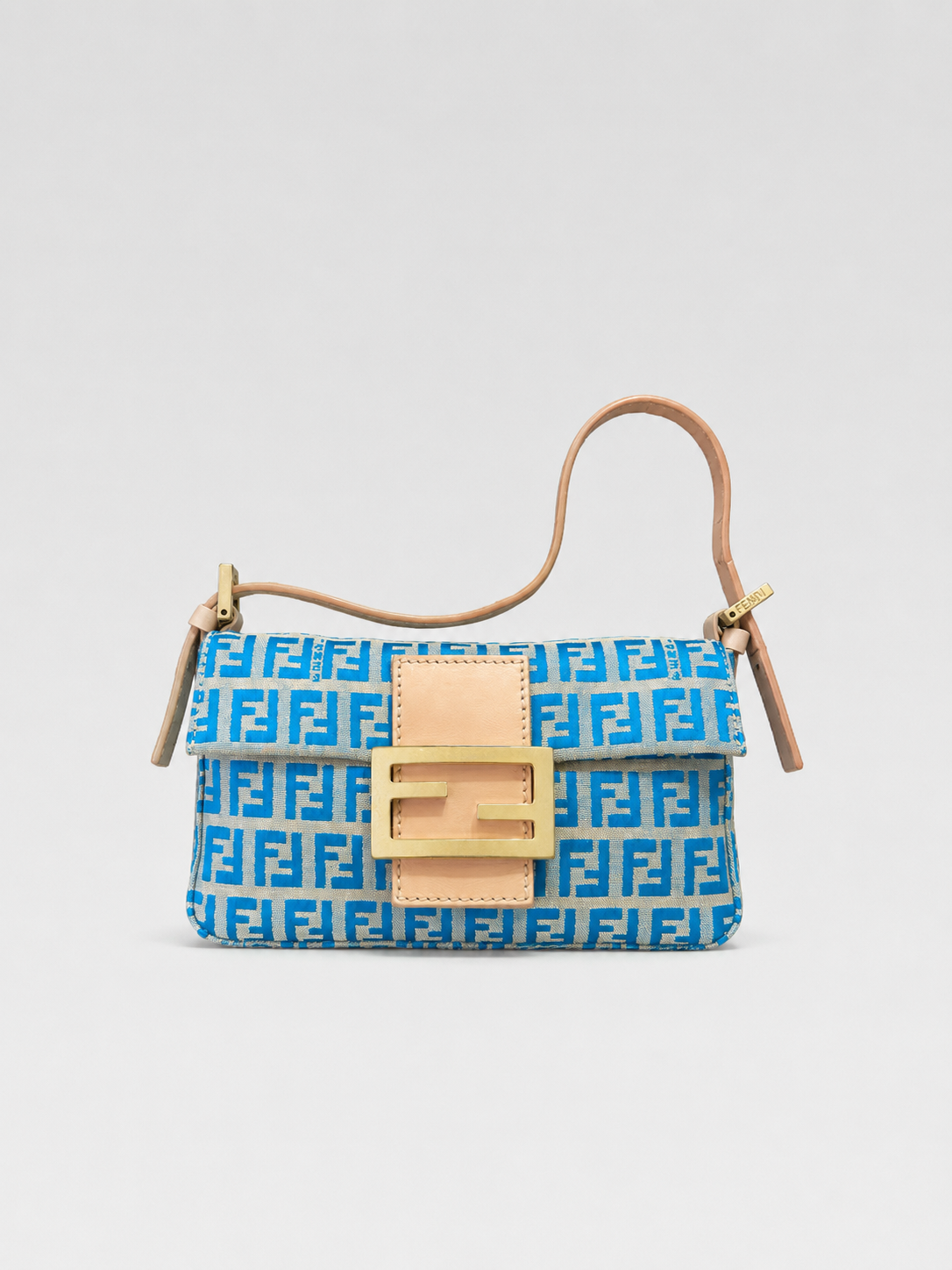 Fendi Vintage Peacock Blue FF Logo Mini Baguette Bag Canvas Zucca Small Shoulder Bag Rare Colorway