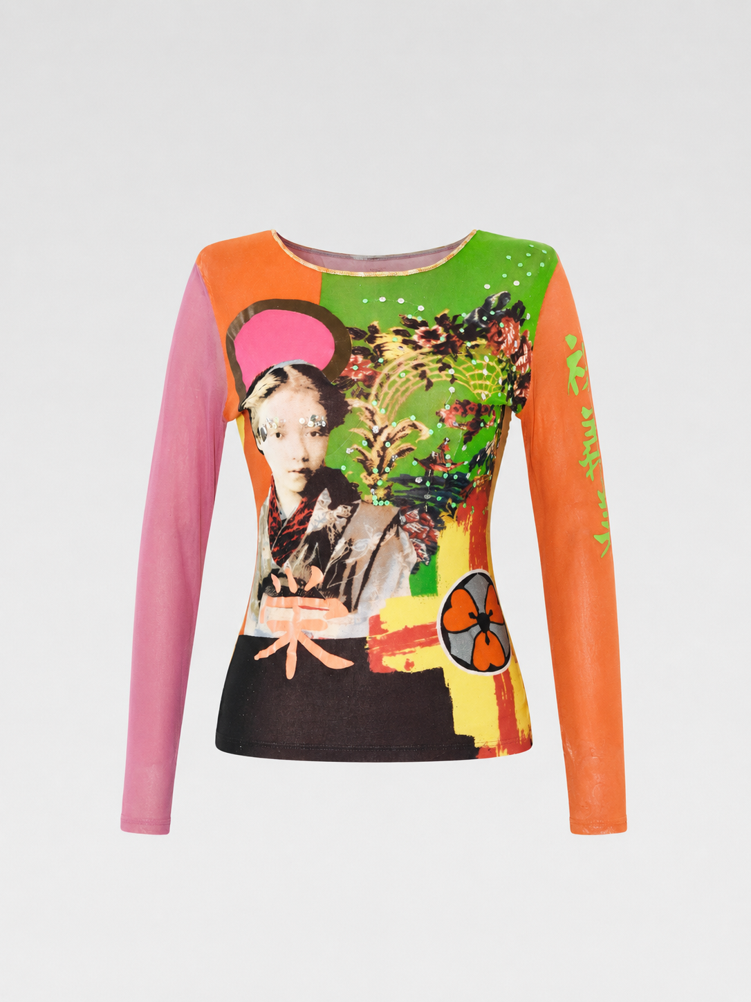 Jean Paul Gaultier Vintage Mesh Portrait Top with Chinese Characters