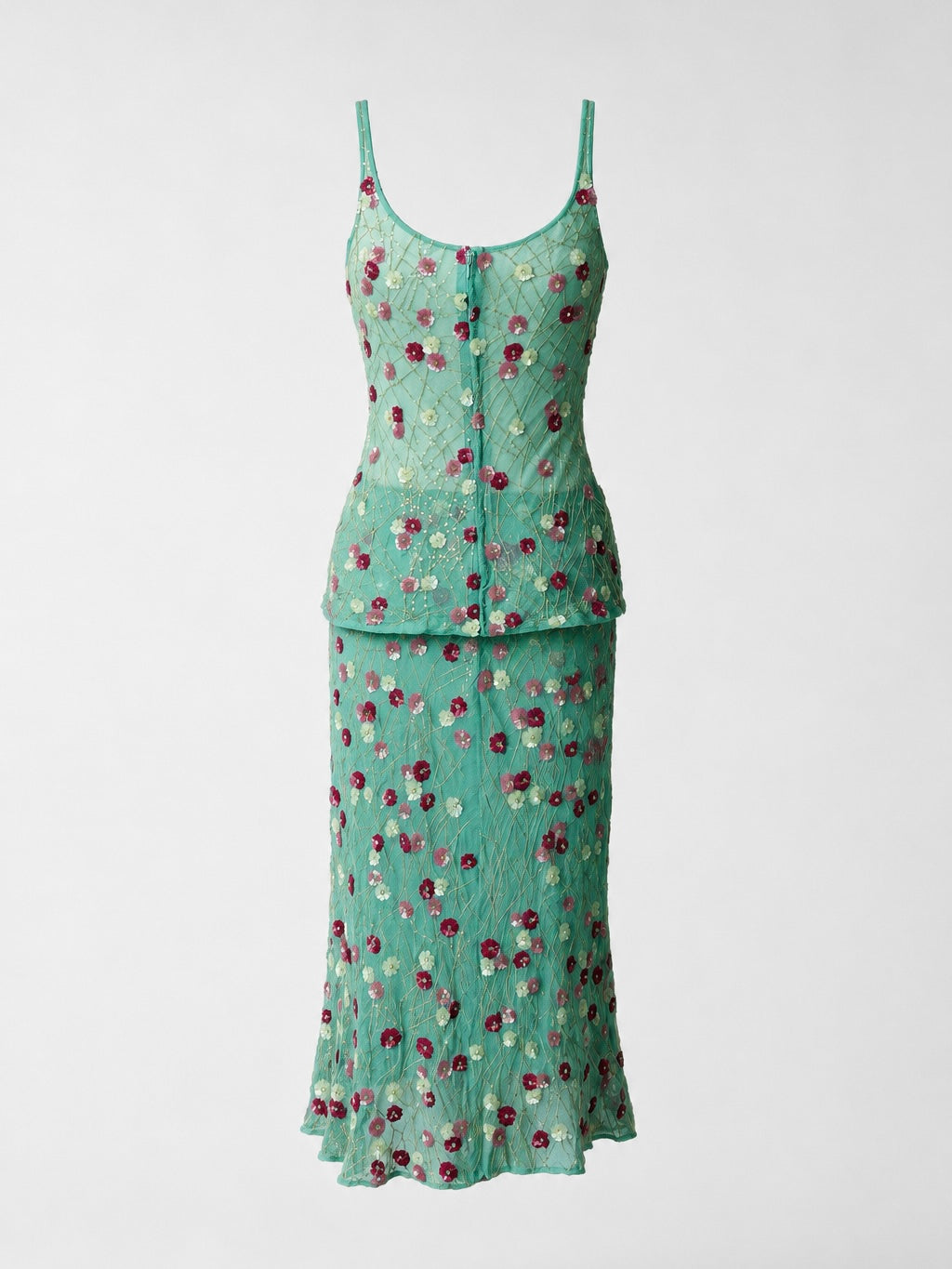 Dolce & Gabbana S/S 2000 Runway Floral Embroidered Silk Camisole & Skirt Set Mint Green Beaded Sequin Rare Archive Piece