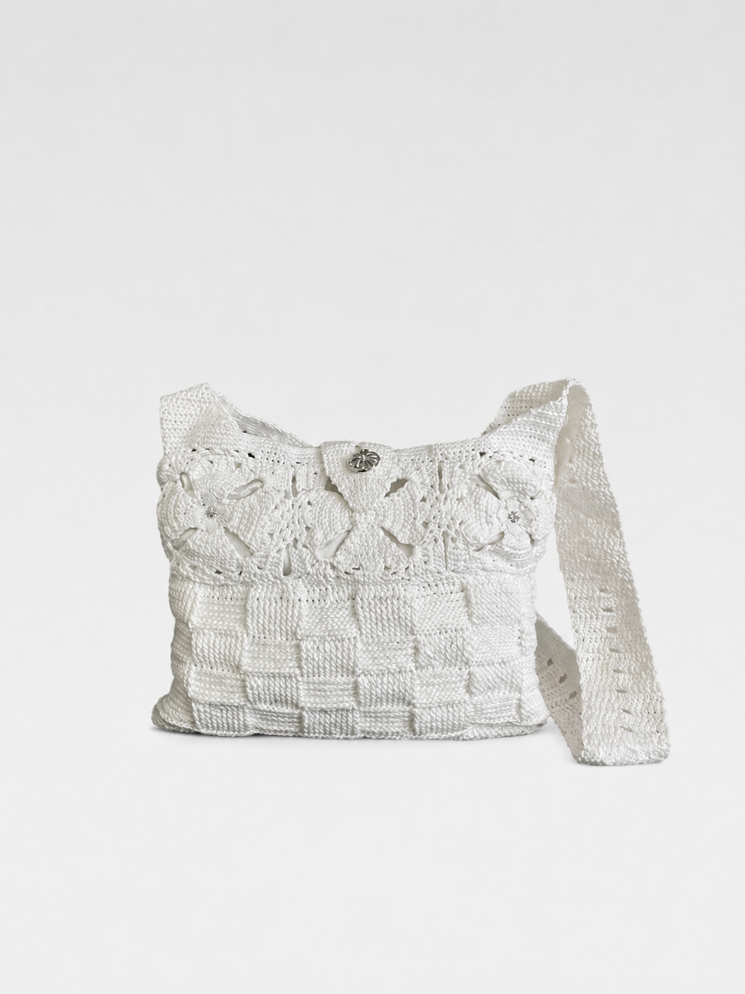 Chrome Hearts White Hand-Crocheted Crossbody Bag with Floral Knit Detail