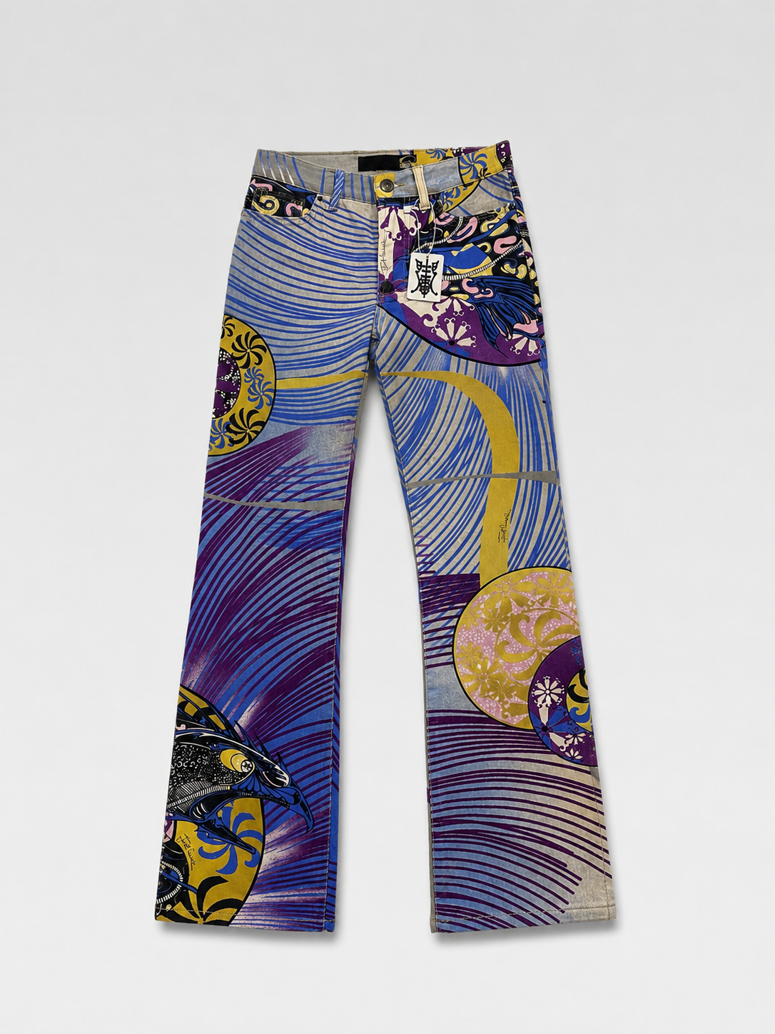 Just Cavalli Abstract Graphic Print Denim Jeans Multi-Color Flared Pants Rare Archive Piece