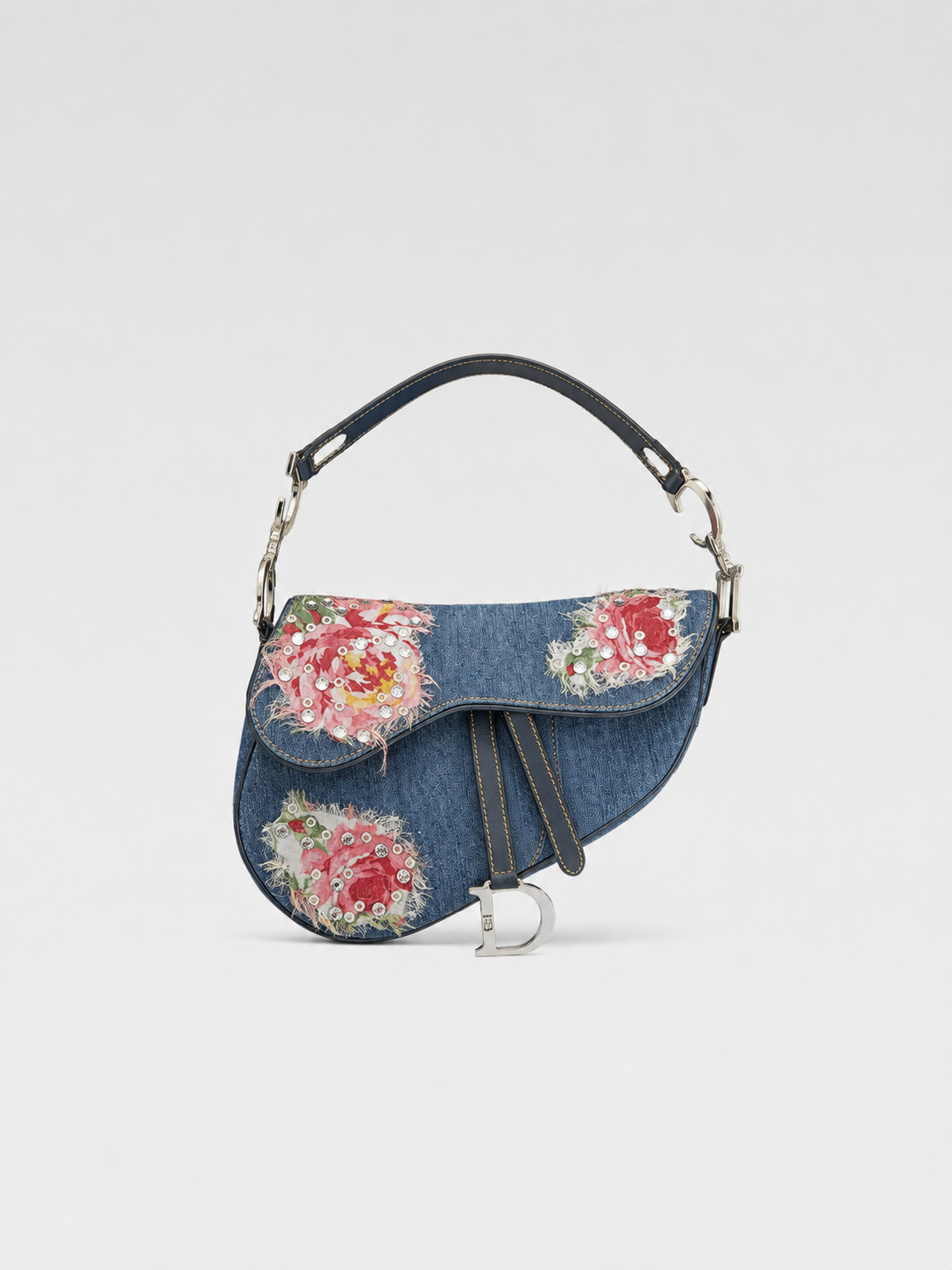 Christian Dior by John Galliano Denim Embroidered Rhinestone Saddle Bag Y2K Archive Limited Edition