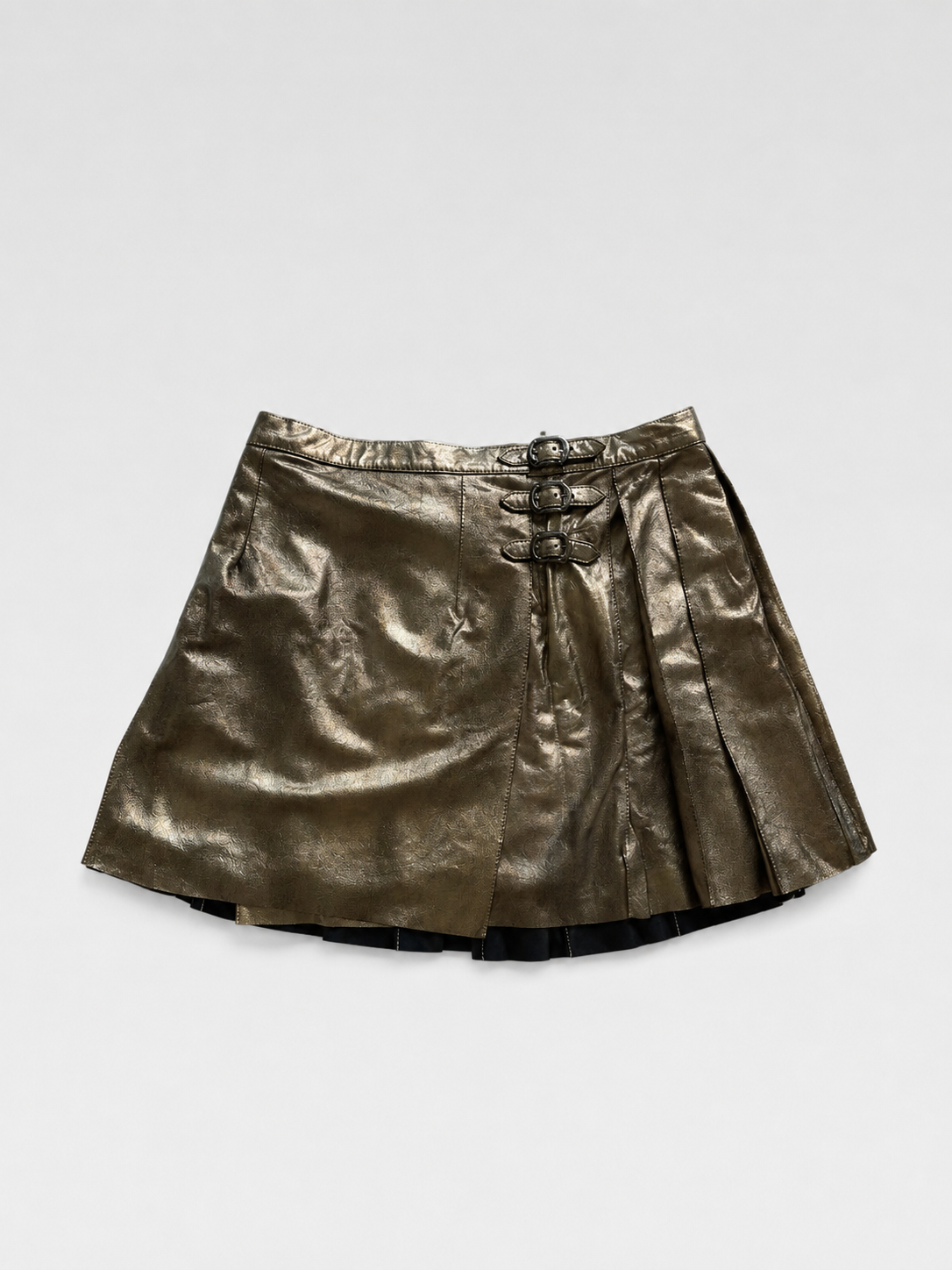 Chrome Hearts Bronze Metallic Leather Pleated Mini Skirt – Rare Adjustable Archive Piece
