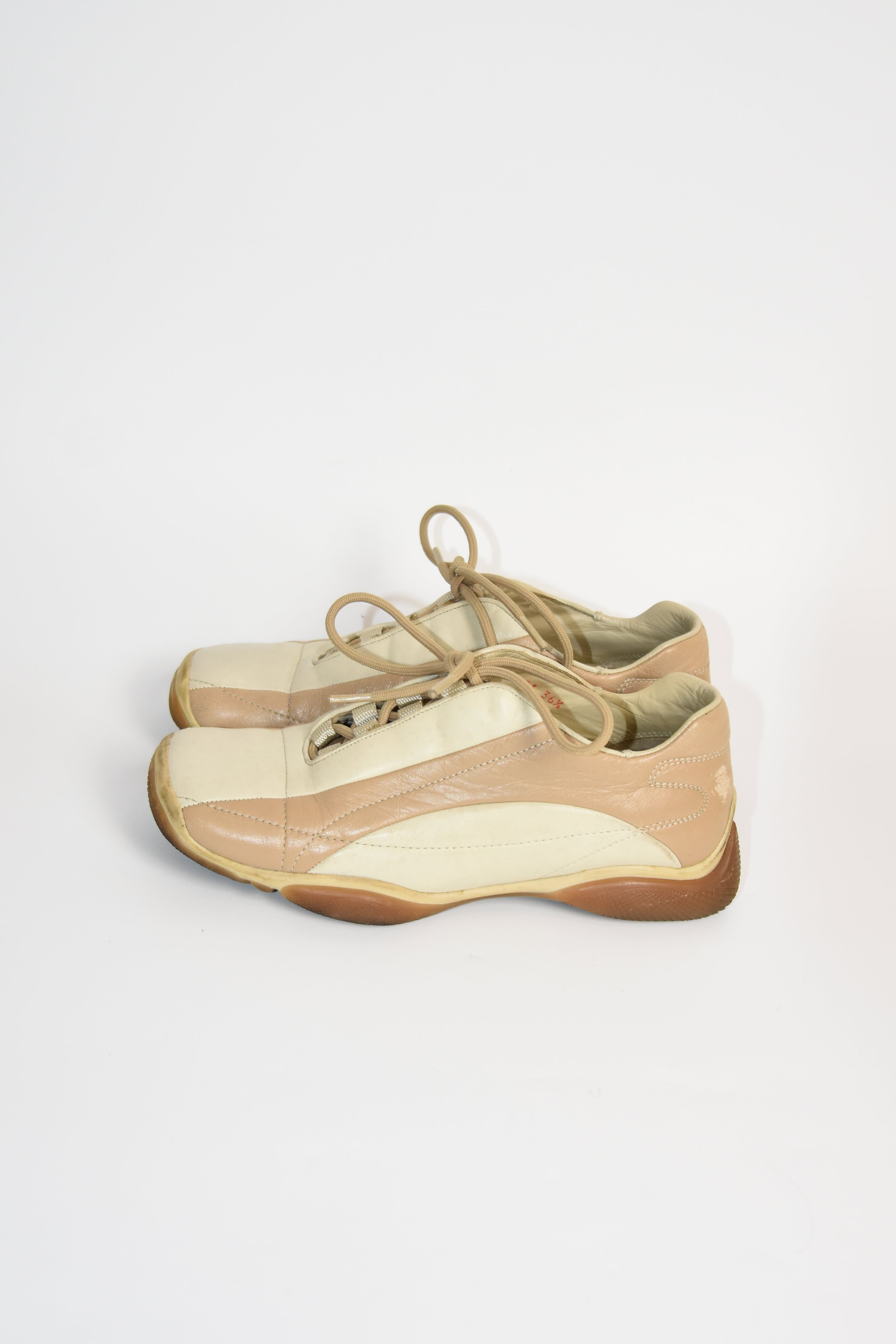 PRADA Beige & Cream Leather Lace-Up Low Sneakers with Red Tab Detail (Classic Sporty Silhouette)