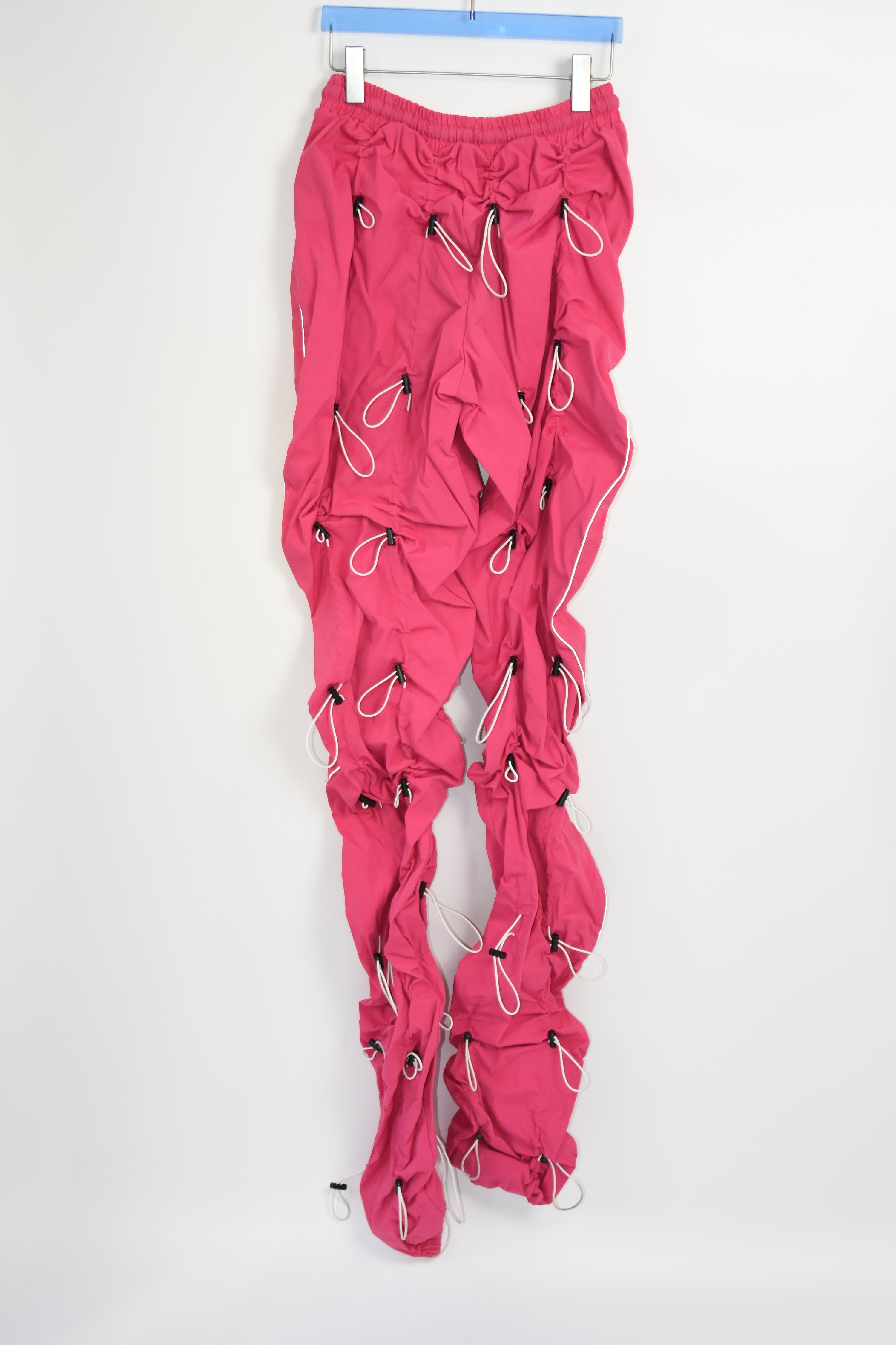 99%IS “Drawcord Ruched” Hot Pink Nylon Punk-Tech Pants – Unisex Korean Streetwear Archive Piece