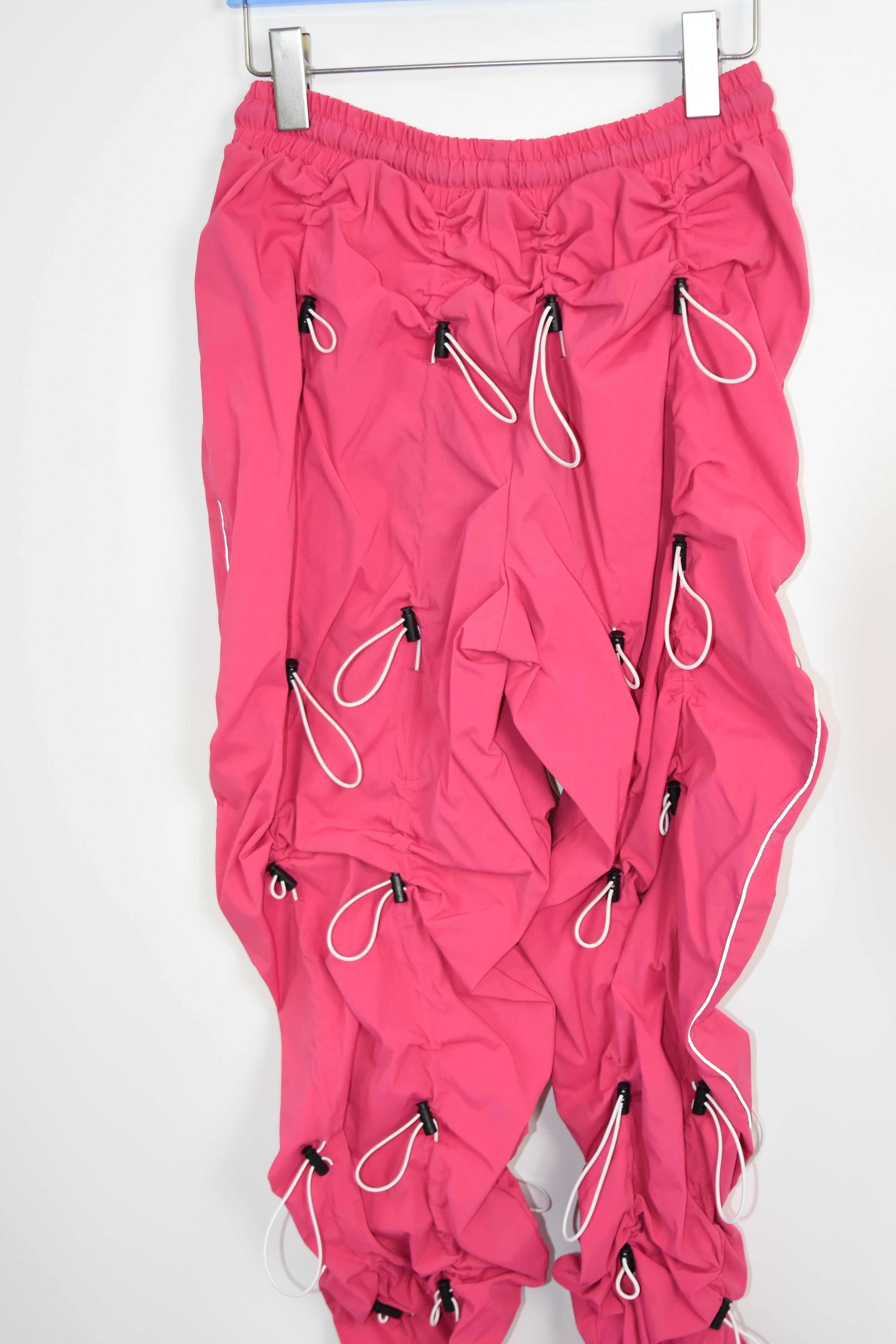 99%IS “Drawcord Ruched” Hot Pink Nylon Punk-Tech Pants – Unisex Korean Streetwear Archive Piece