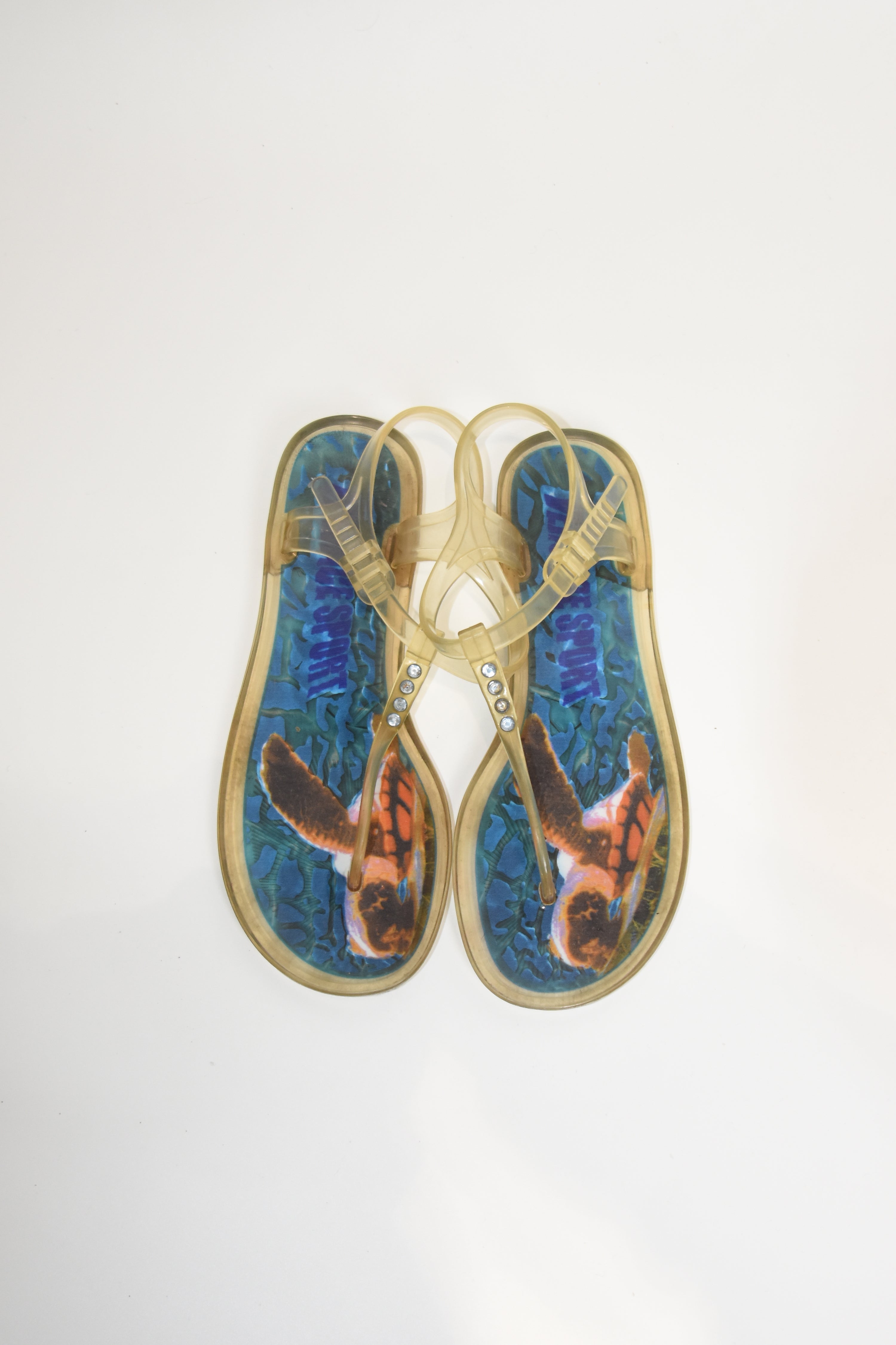 Versace Sport Jelly Sandals – Y2K Transparent Rhinestone Thong, Sea Turtle Print, Women’s Size 39