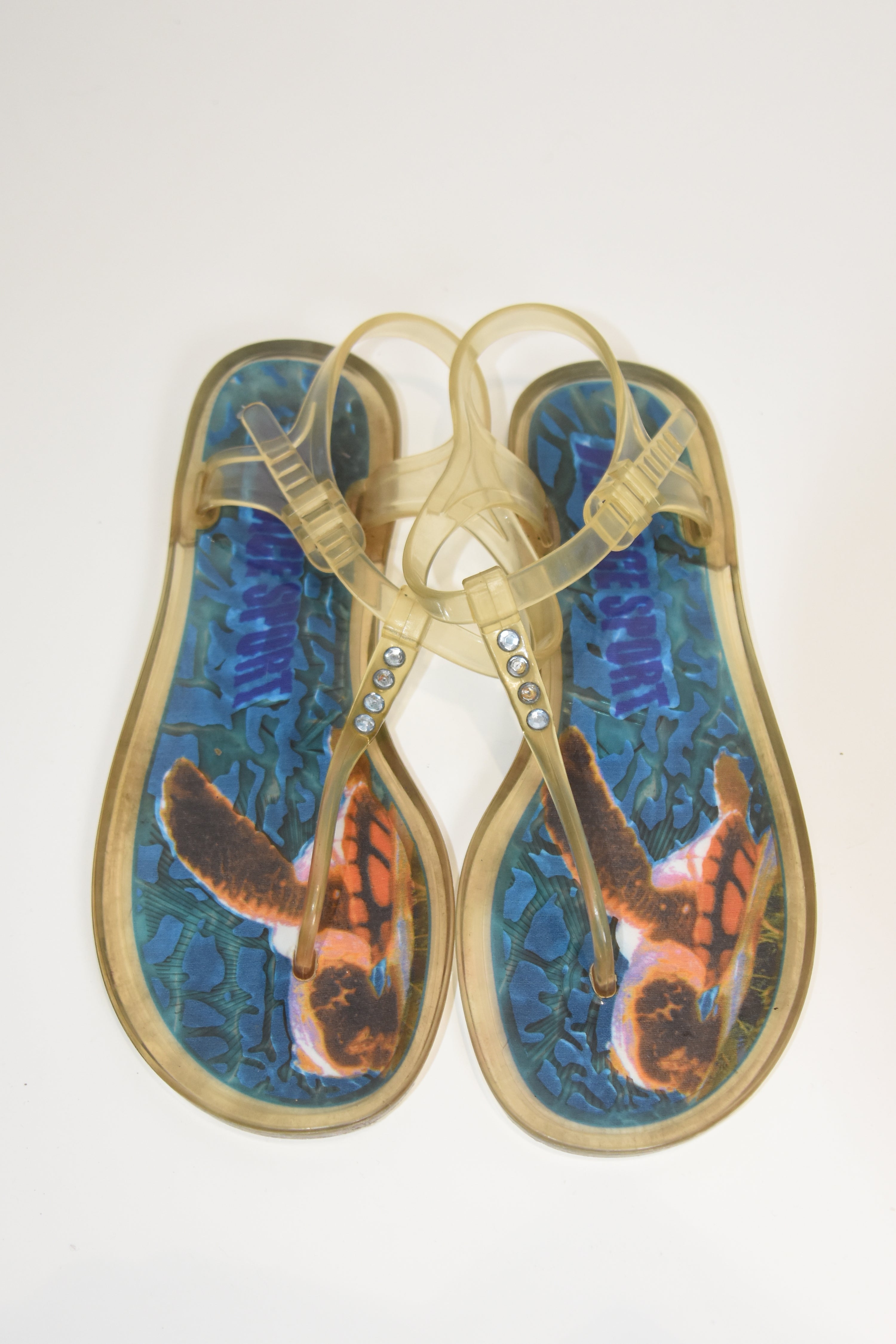 Versace Sport Jelly Sandals – Y2K Transparent Rhinestone Thong, Sea Turtle Print, Women’s Size 39