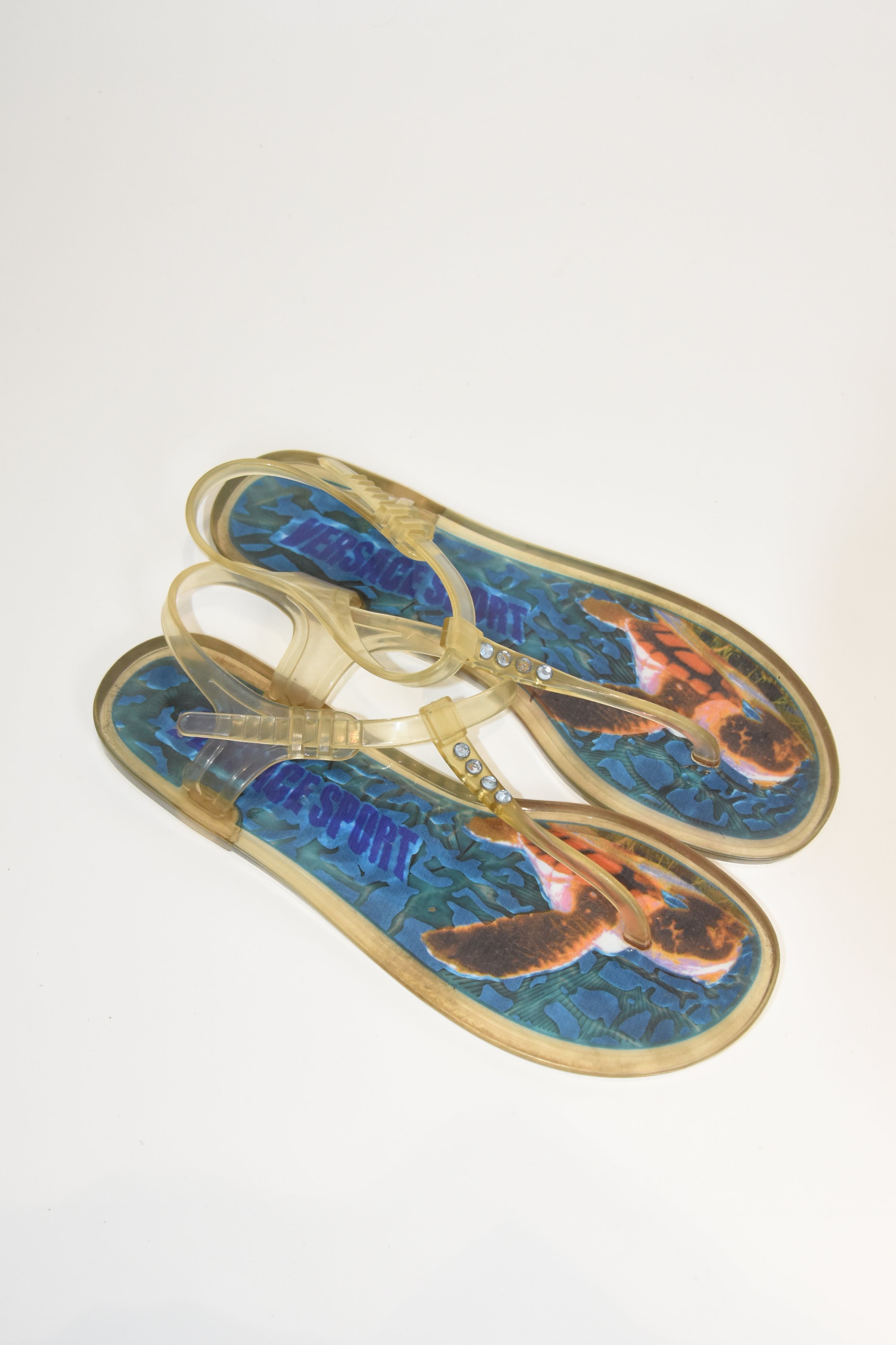 Versace Sport Jelly Sandals – Y2K Transparent Rhinestone Thong, Sea Turtle Print, Women’s Size 39