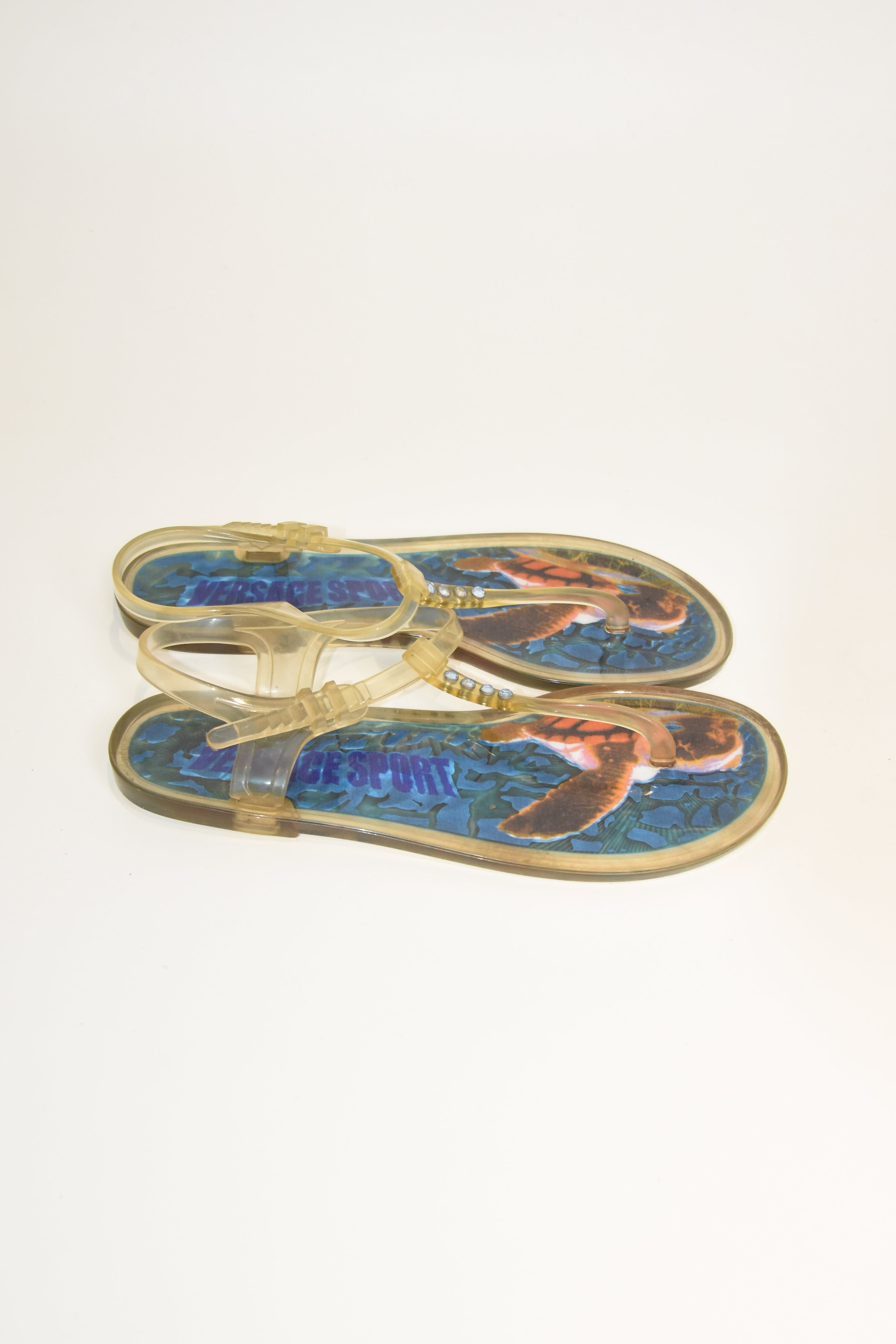 Versace Sport Jelly Sandals – Y2K Transparent Rhinestone Thong, Sea Turtle Print, Women’s Size 39