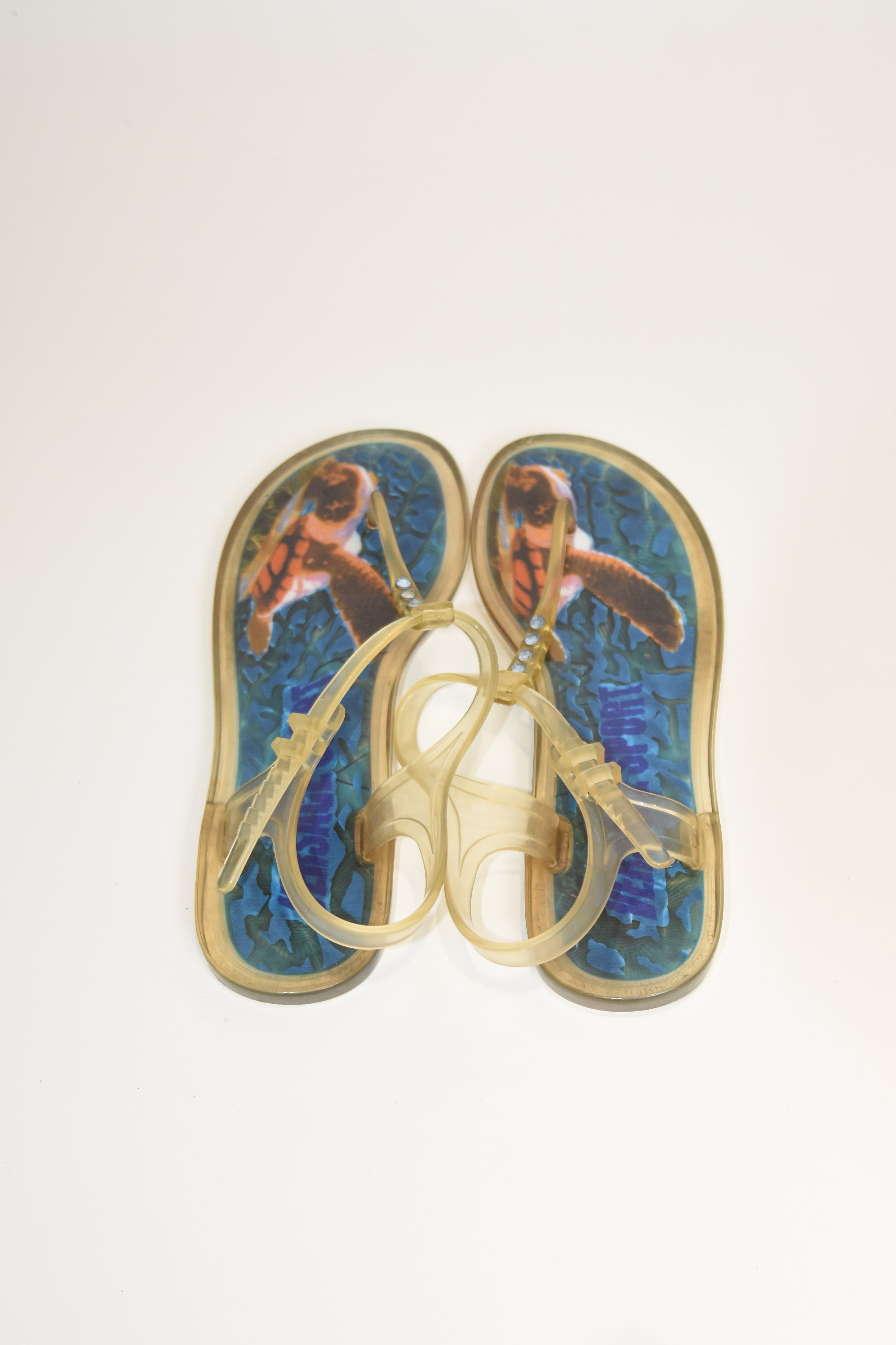 Versace Sport Jelly Sandals – Y2K Transparent Rhinestone Thong, Sea Turtle Print, Women’s Size 39