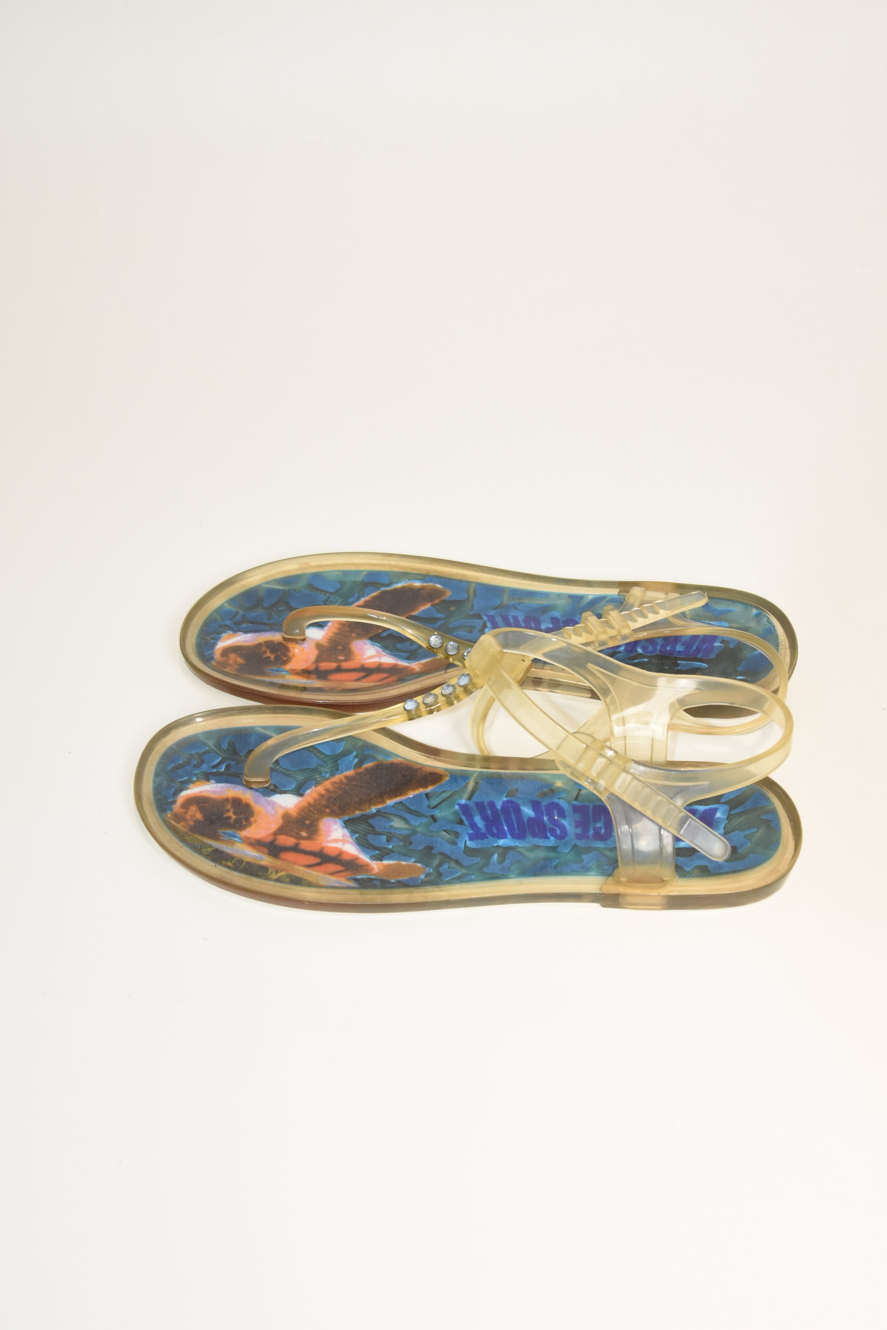 Versace Sport Jelly Sandals – Y2K Transparent Rhinestone Thong, Sea Turtle Print, Women’s Size 39