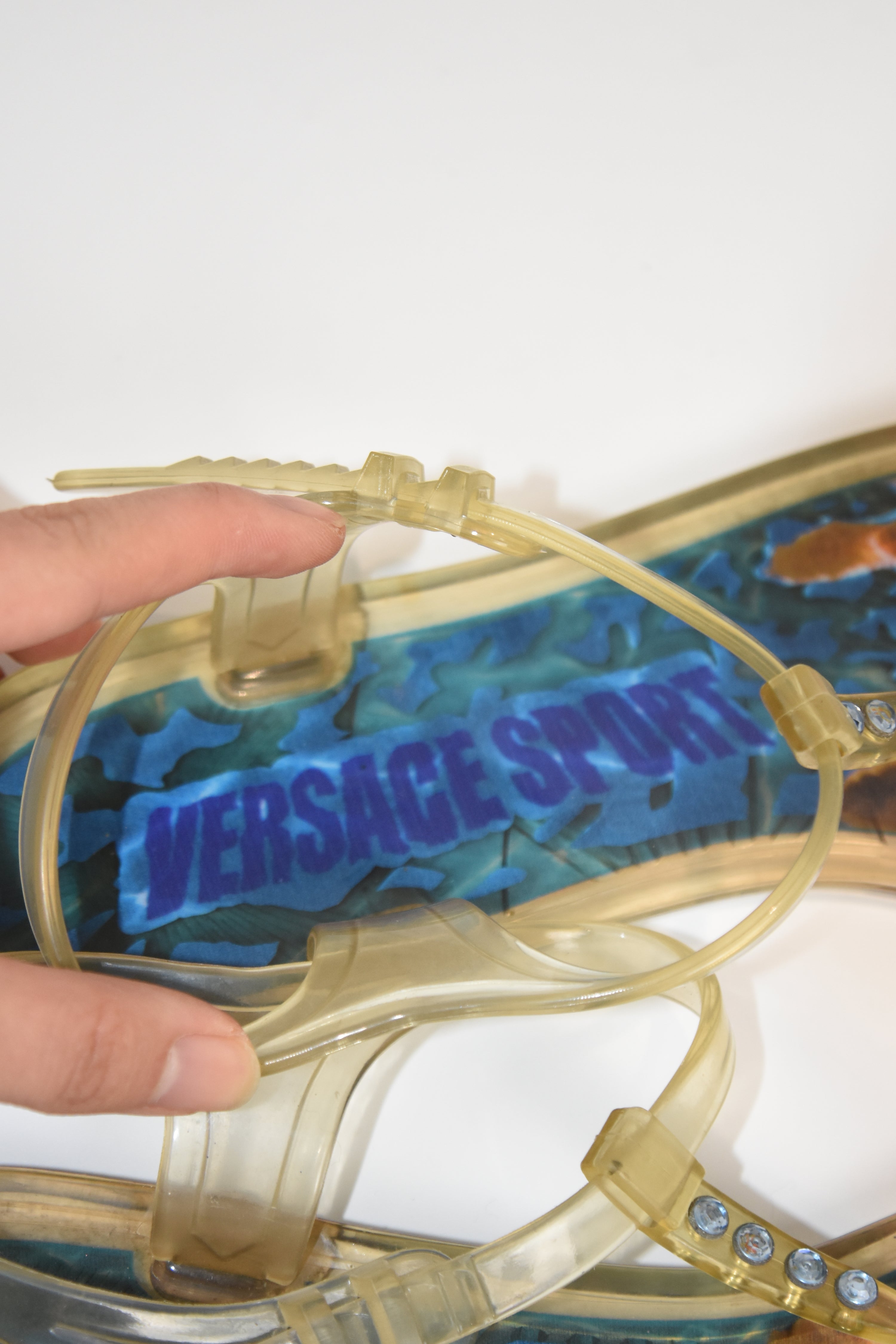 Versace Sport Jelly Sandals – Y2K Transparent Rhinestone Thong, Sea Turtle Print, Women’s Size 39