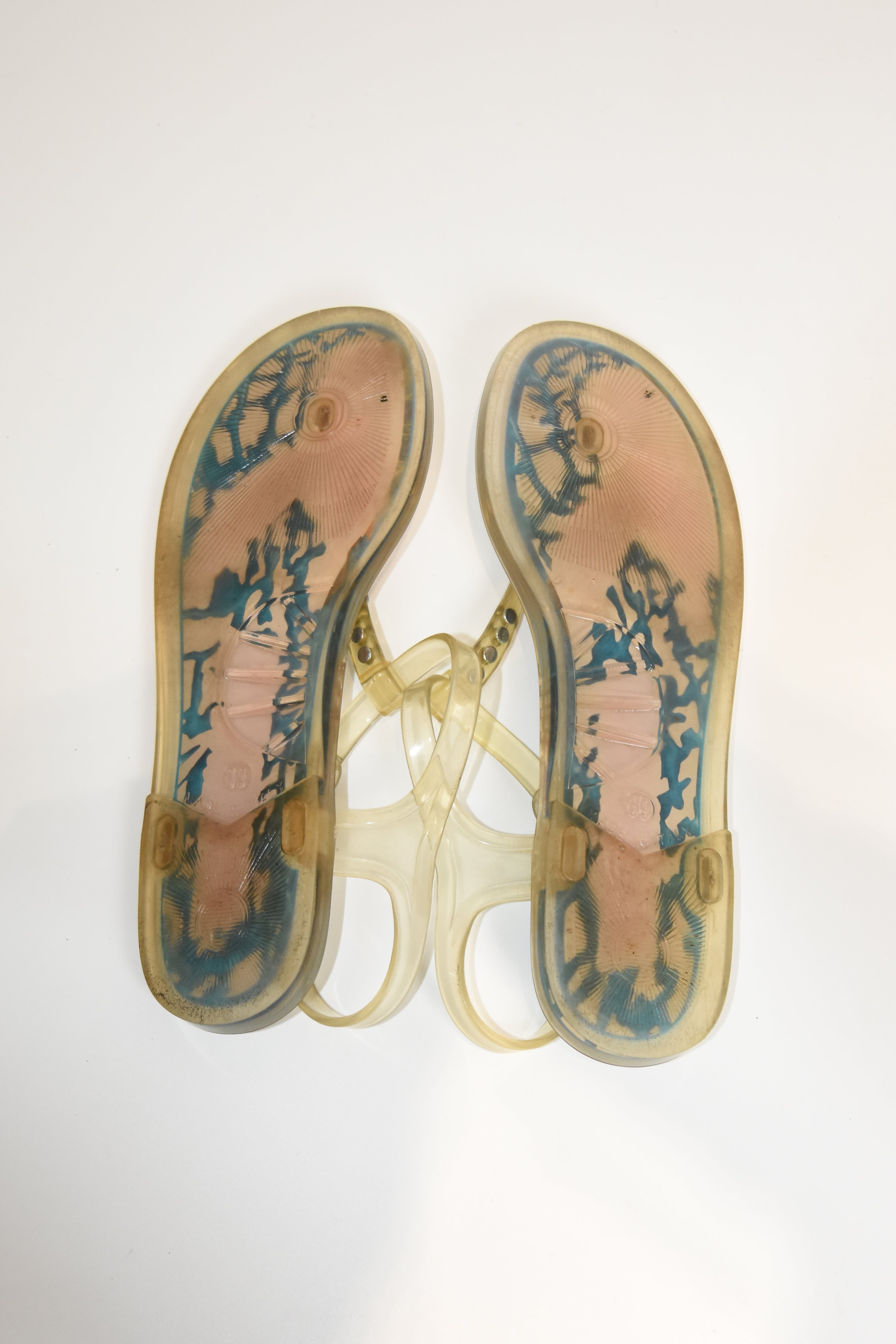Versace Sport Jelly Sandals – Y2K Transparent Rhinestone Thong, Sea Turtle Print, Women’s Size 39