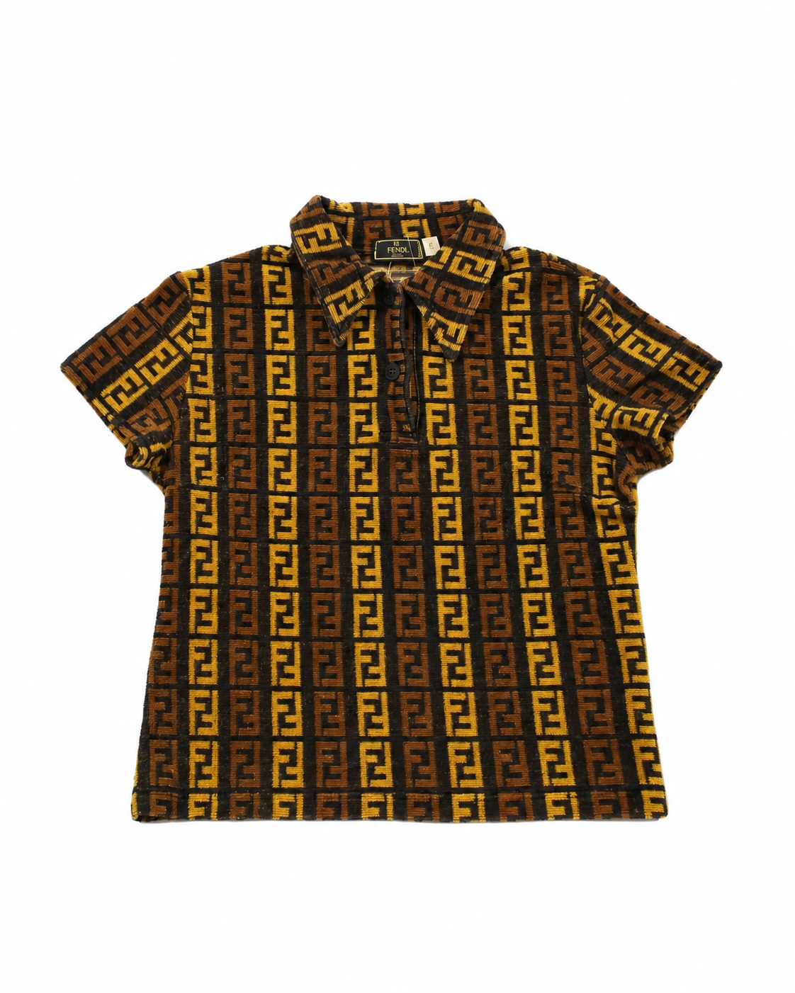 Vintage Fendi FF Monogram Terry Polo Shirt – Brown & Black Towel Texture Short Sleeve Top | Rare Archive