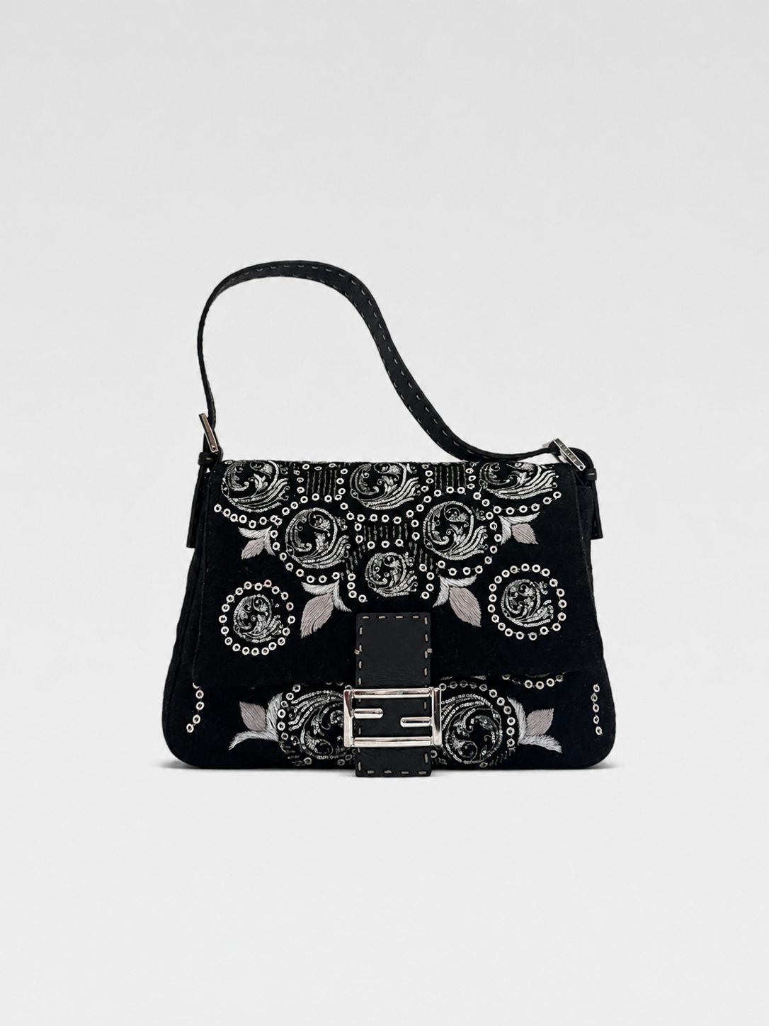 Fendi Large Baguette Heavy Embroidered Tribal Motif Suede Shoulder Bag