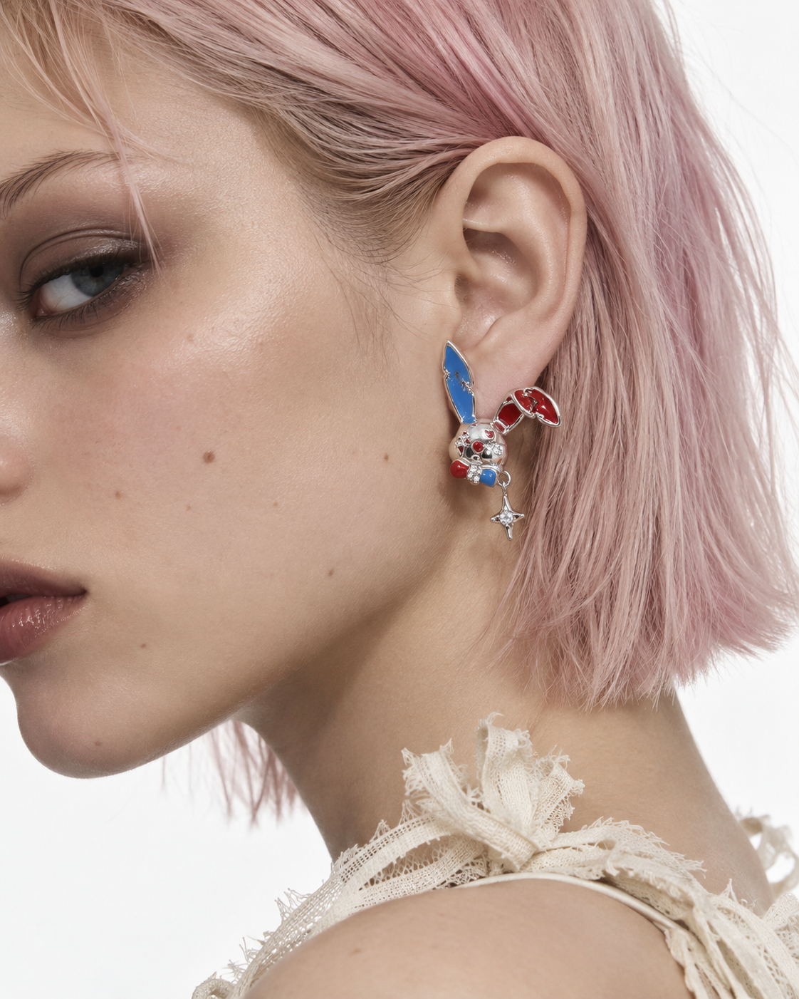 Mrois Original Design “Mad Hatter” Enamel Rabbit Earrings – Red & Blue Contrast Zircon S925 Silver Stud / Clip-On
