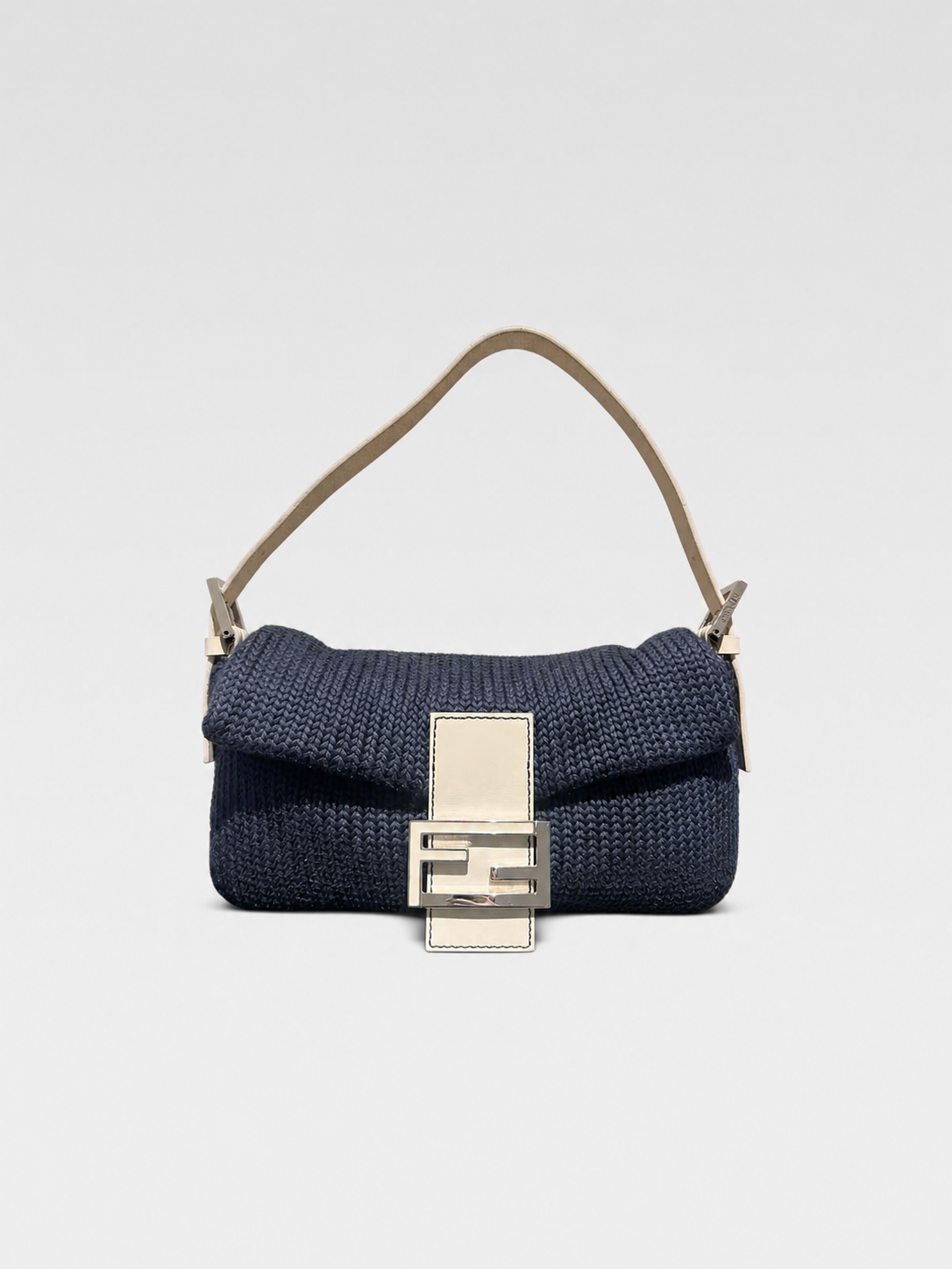Fendi Vintage Knit Woven Baguette Bag Navy Blue Ivory – Rare Textile Limited Edition FF Logo Shoulder Bag Italy