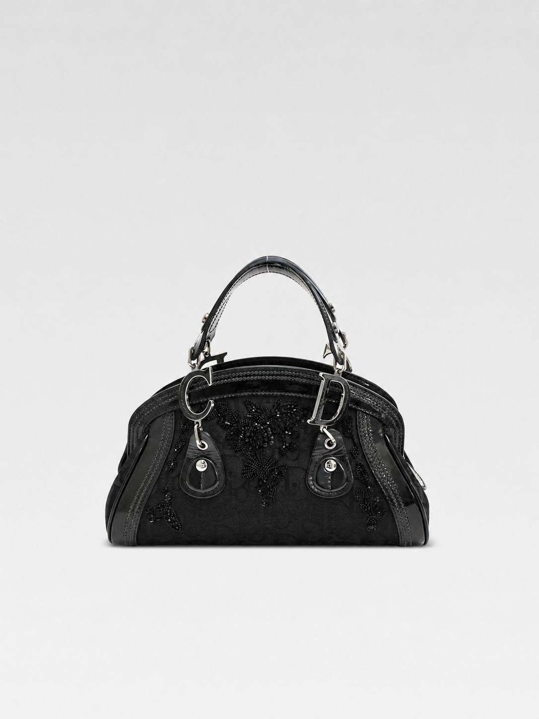 Christian Dior by John Galliano S/S 2005 Embroidered Detective Bag – Limited Edition Black Monogram Patent Handle Archive