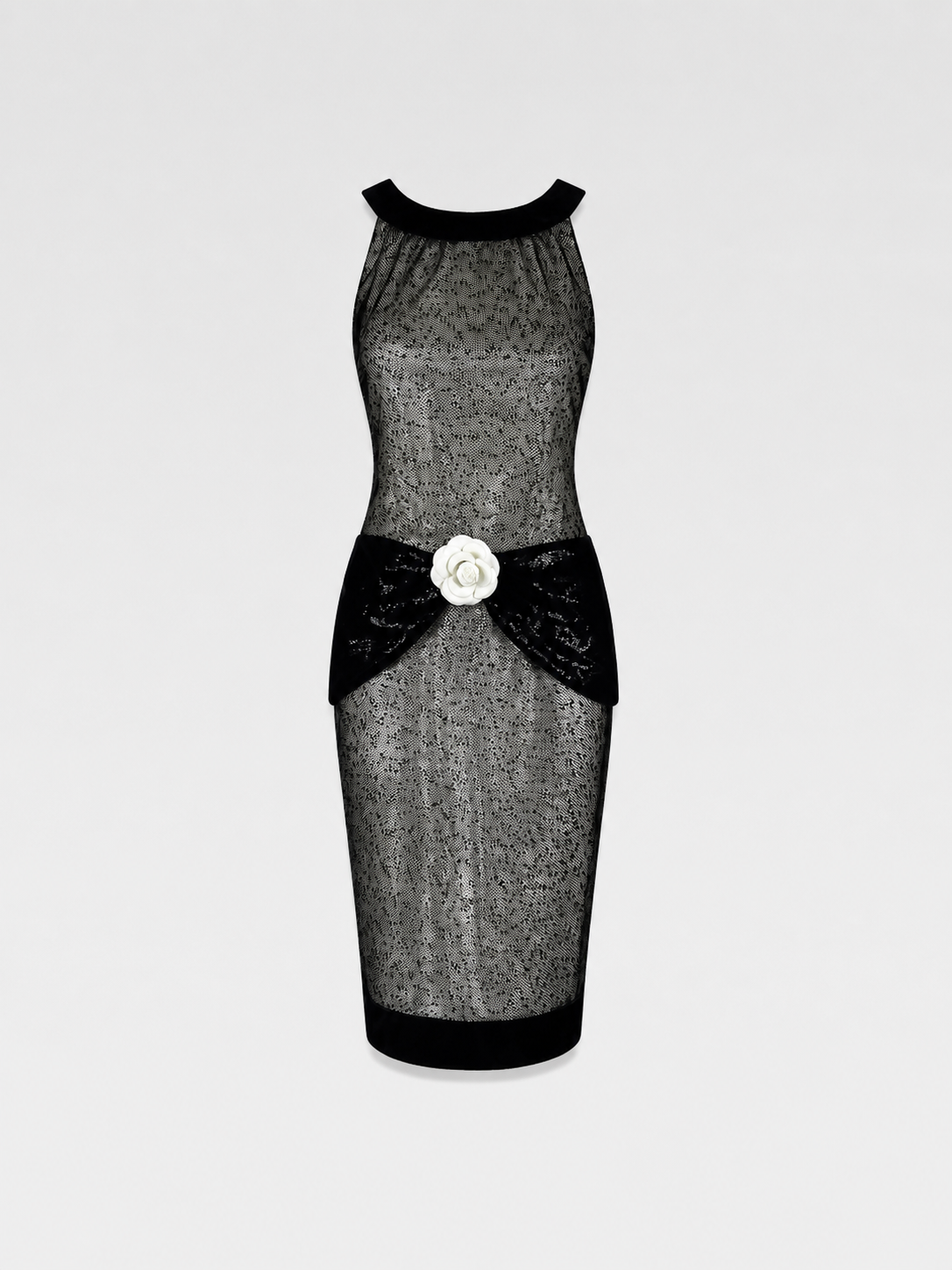Chanel by Karl Lagerfeld 2009 Cruise Sequin Mesh Camellia Dress – Iconic Bow Detail Cocktail Dress (Size FR38)