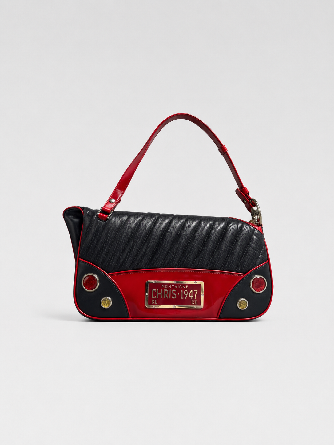 Christian Dior by John Galliano Runway Cadillac Saddle Bag in Black & Red Leather with “CHRIS·1947” Plaque